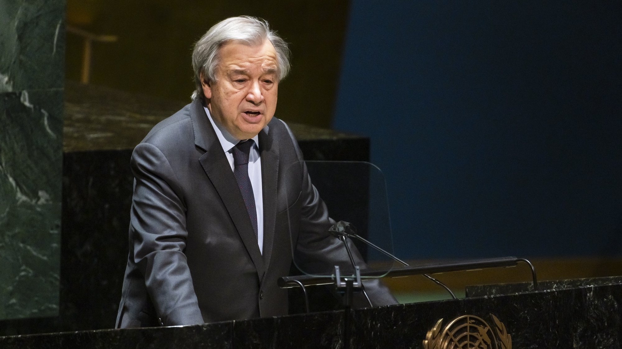 epa09792087 United Nations Secretary-General Antonio Guterres addresses an emergency session of the United Nations General Assembly called to consider a resolution condemning Russia&#039;s invasion of Ukraine at United Nations headquarters in New York, New York, USA, 28 February 2022. The UN Security Council voted on a similar resolution on 25 February but the measure was vetoed by Russia which wields that power as one of five permanent members of the council.  EPA/JUSTIN LANE