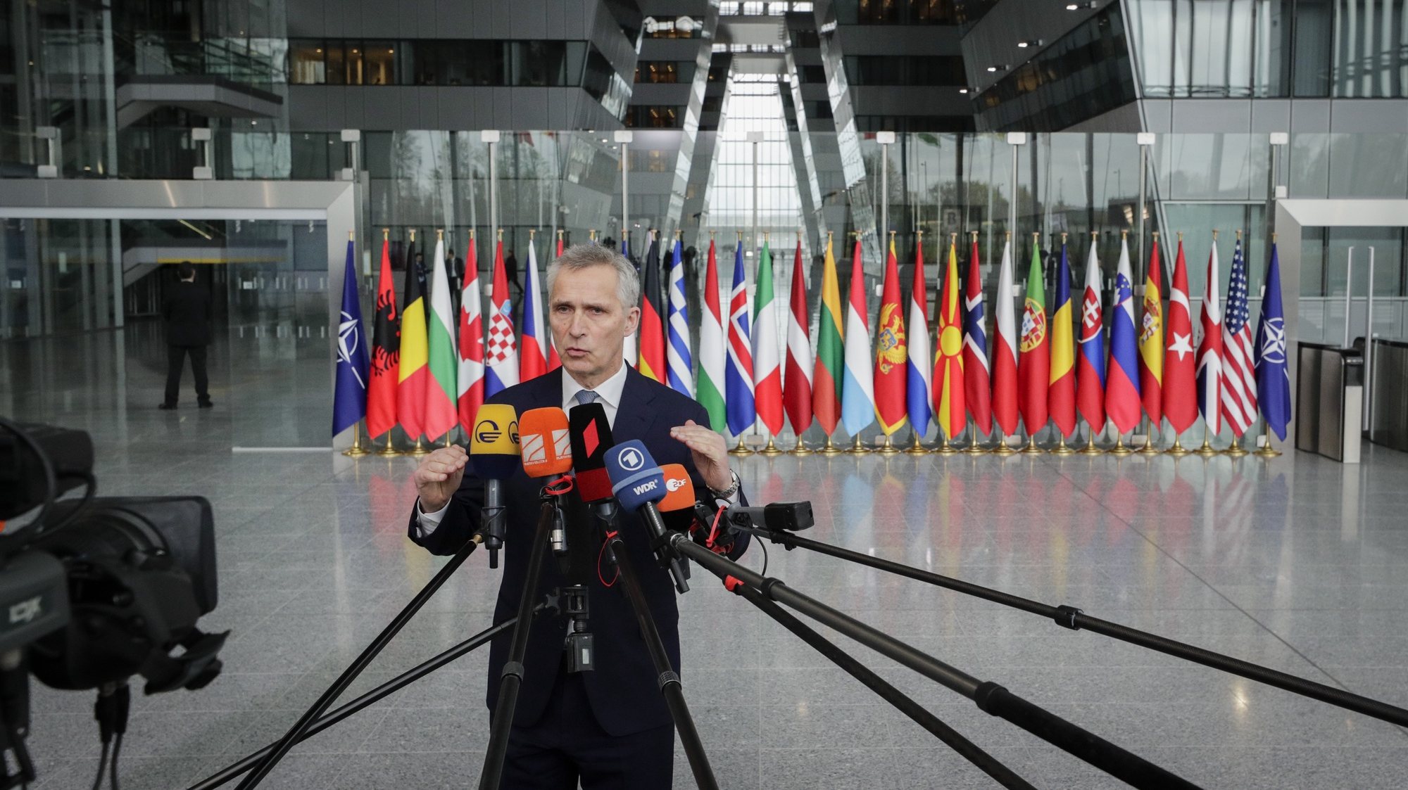 epa09873661 NATO Secretary General Jens Stoltenberg gives a press conference ahead of a special meeting of NATO Ministers of Foreign Affairs on the Ukraine Crisis in Brussels, Belgium, 06 April 2022. NATO Ministers of Foreign Affairs will attend a working dinner on the evening of 06 April, and a second day of meetings on 07 April.  EPA/OLIVIER HOSLET
