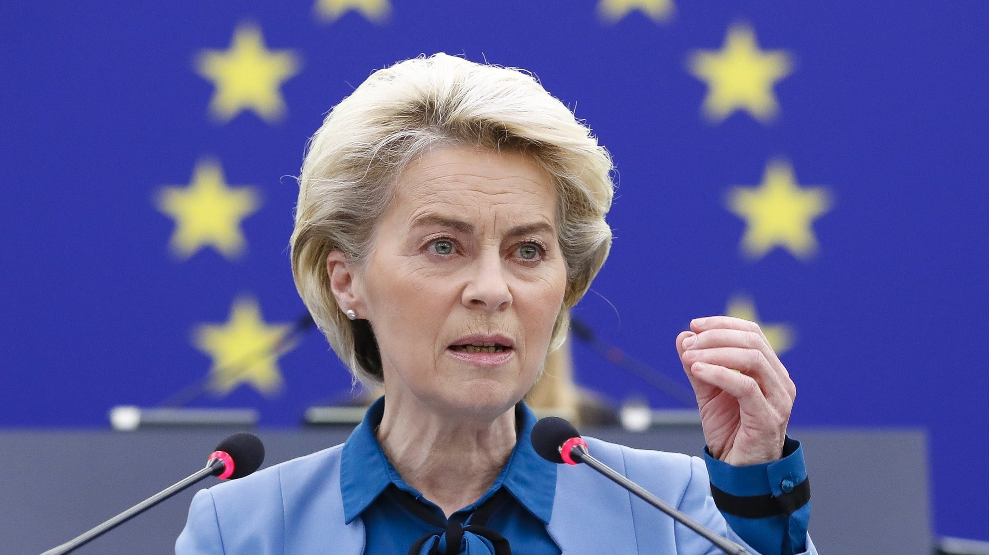 epa09761578 European Commission President Ursula von der Leyen delivers a speech on the EU-Russia relations, European security and Russia’s military threat against Ukraine, during a plenary session of the European Parliament in Strasbourg, France, 16 February 2022. The session of the European Parliament runs from 14 until 17 February.  EPA/JULIEN WARNAND