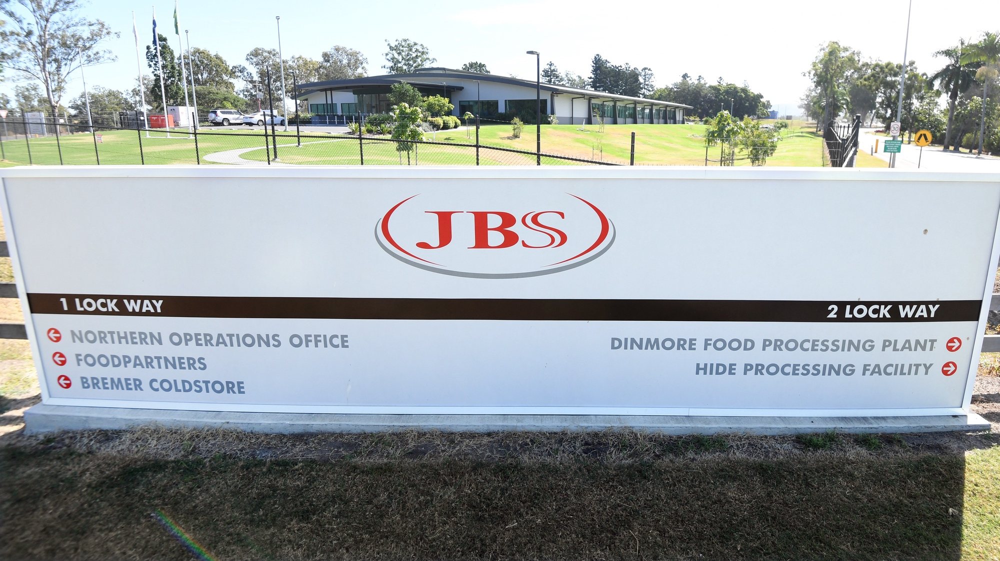 epa09242212 (FILE) The entrance to the JBS Australia&#039;s Dinmore meatworks facility, west of Brisbane, Australia, 12 May 2020 (re-issued 02 June 2021). Computer networks at JBS were hacked causing operations in Australia, Canada and the US to temporarily shut down. The ransomware attack originated from a criminal group likely based in Russia, the White House said.  EPA/DAN PELED AUSTRALIA AND NEW ZEALAND OUT *** Local Caption *** 56079708