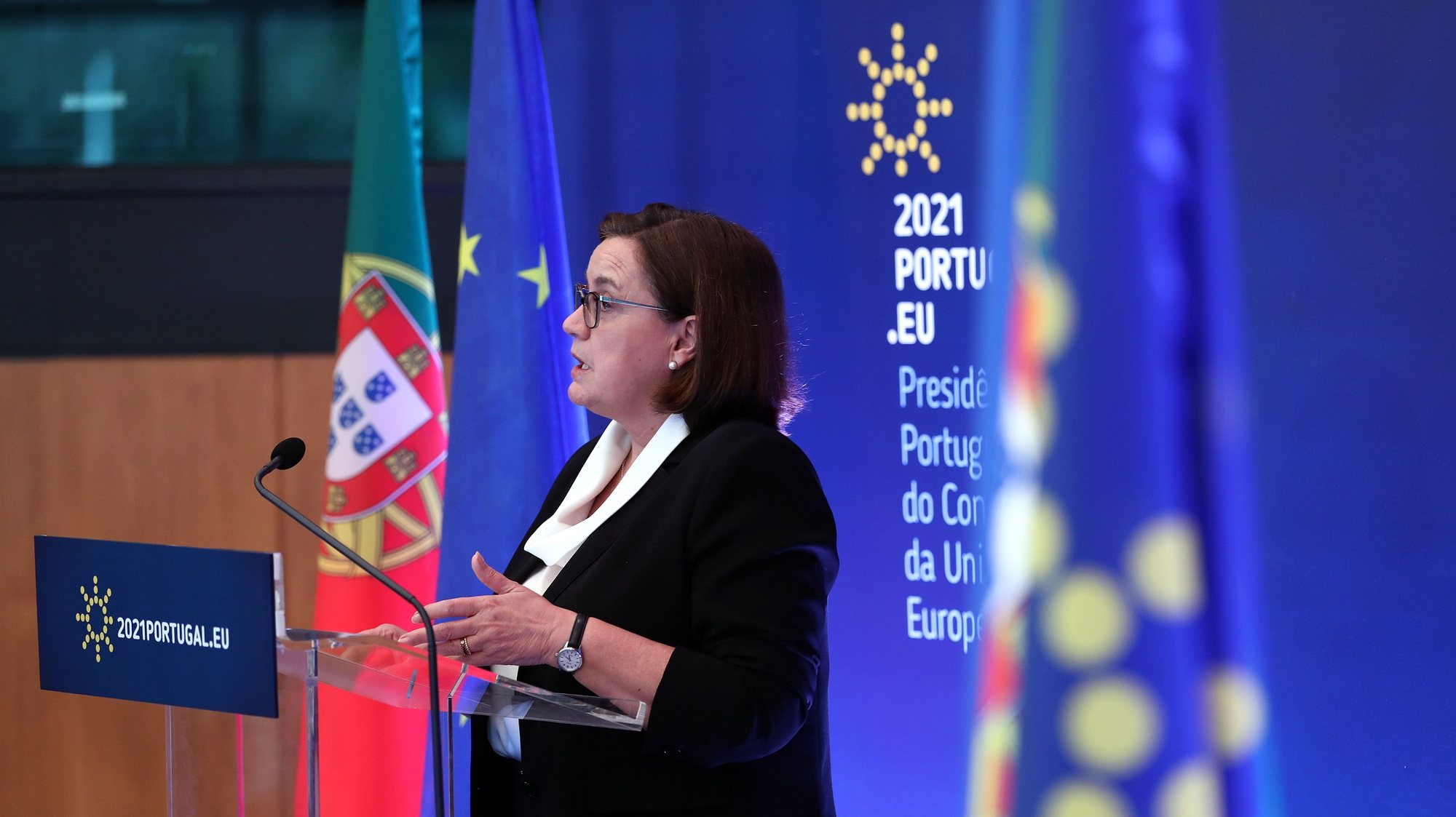 Portuguese Secretary of State for European Affairs, Ana Paula Zacarias, attends to a press conference after an Informal video conference of the Ministers of European Affairs, in Lisbon, Portugal, 23 February 2021. Ministers will exchange views on the European Democracy Action Plan and they will also assess the state of play in EU-UK relations. ANTONIO PEDRO SANTOS/LUSA