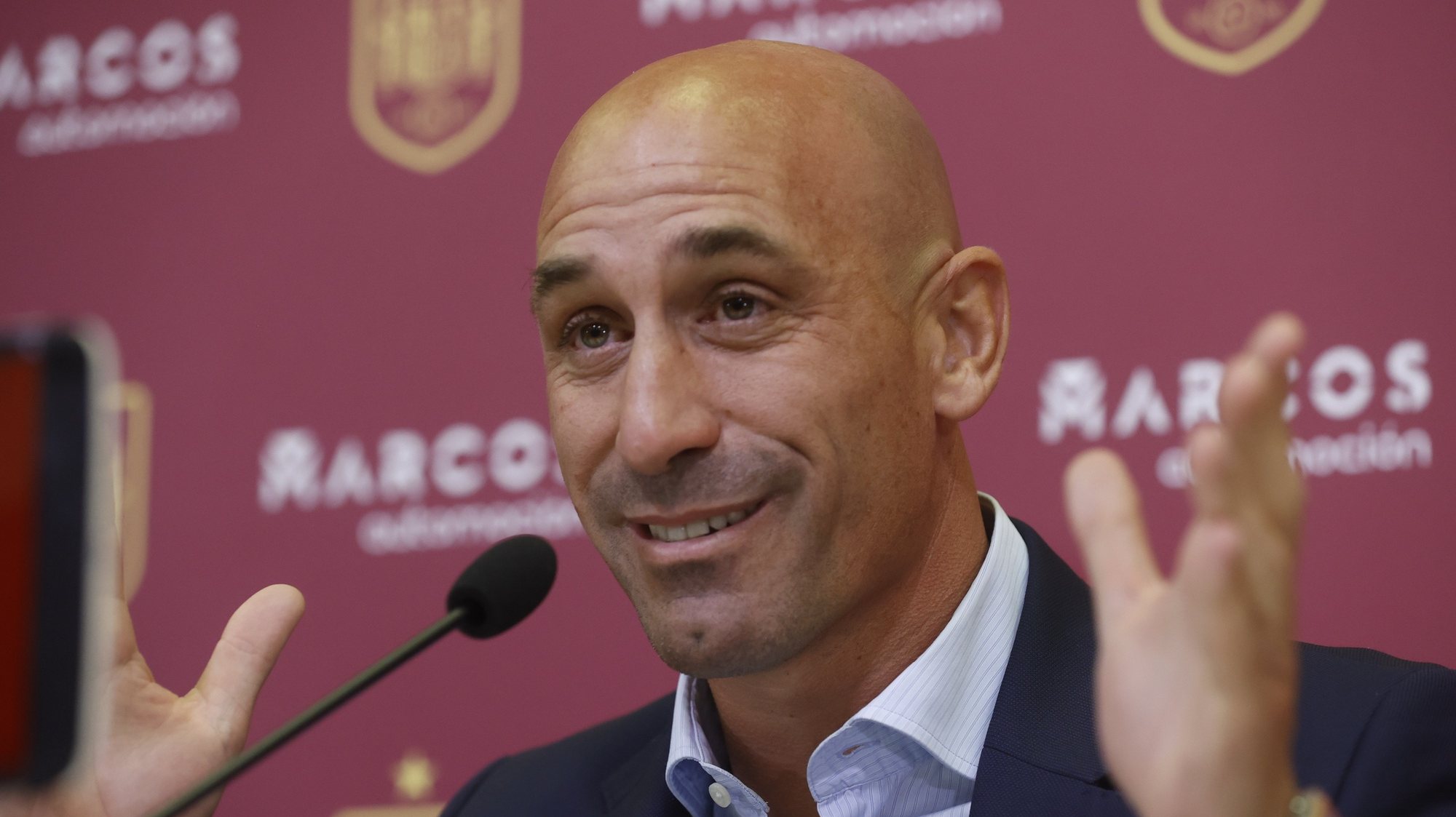epa10853513 (FILE) - Spanish RFEF President Luis Rubiales speaks during a presser in Madrid, Spain, 22 September 2022 (Reissued 10 September 2023). Luis Rubiales has resigned on 10 September 2023, as president of the Royal Spanish Football Federation (RFEF) and vice president of UEFA&#039;s executive committee following widespread criticism for kissing Spain&#039;s forward Jenni Hermoso after winning the Women&#039;s World Cup final.  EPA/JUAN CARLOS HIDALGO
