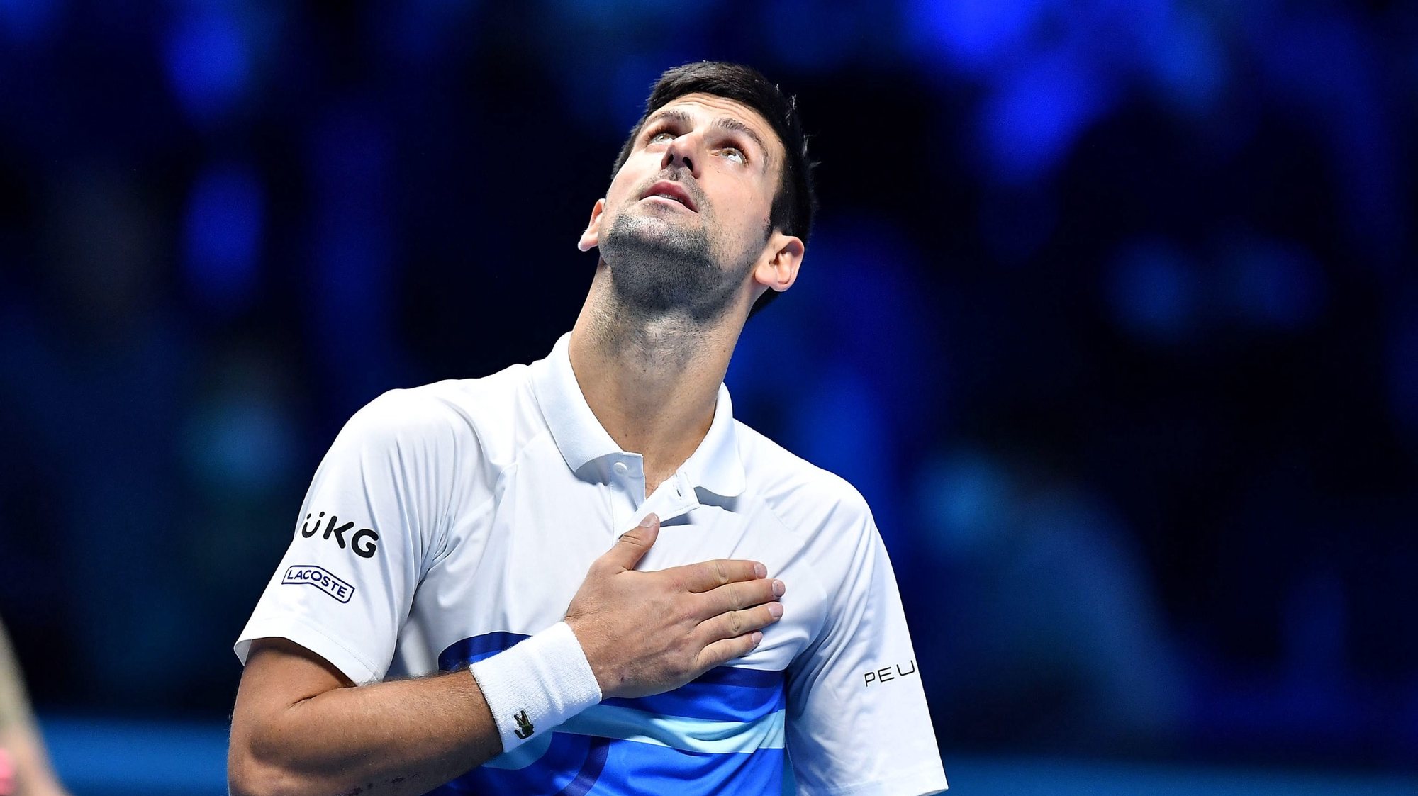 epa09688749 (FILE) - Novak Djokovic of Serbia reacts after defeating Casper Ruud of Norway in their group stage match of the Nitto ATP Finals tennis tournament in Turin, Italy, 15 November 2021 (reissued 16 January 2022). Djokovic lost court appeal against deportation from Australia and will not be able to defend his Australian Open title in Melbourne.  EPA/Alessandro Di Marco *** Local Caption *** 57295242