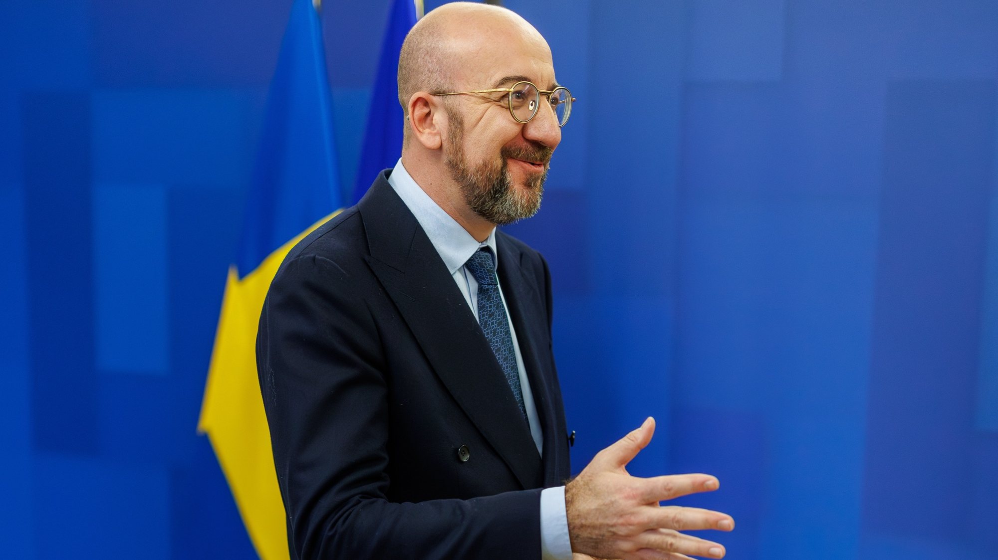 epa11171987 European Council President Charles Michel prepares to greet Swedish Prime Minister Ulf Kristersson (not pictured) before their meeting at the Justus Lipsius building, the seat of the European Council, in Brussels, Belgium, 22 February 2024.  EPA/OLIVIER MATTHYS