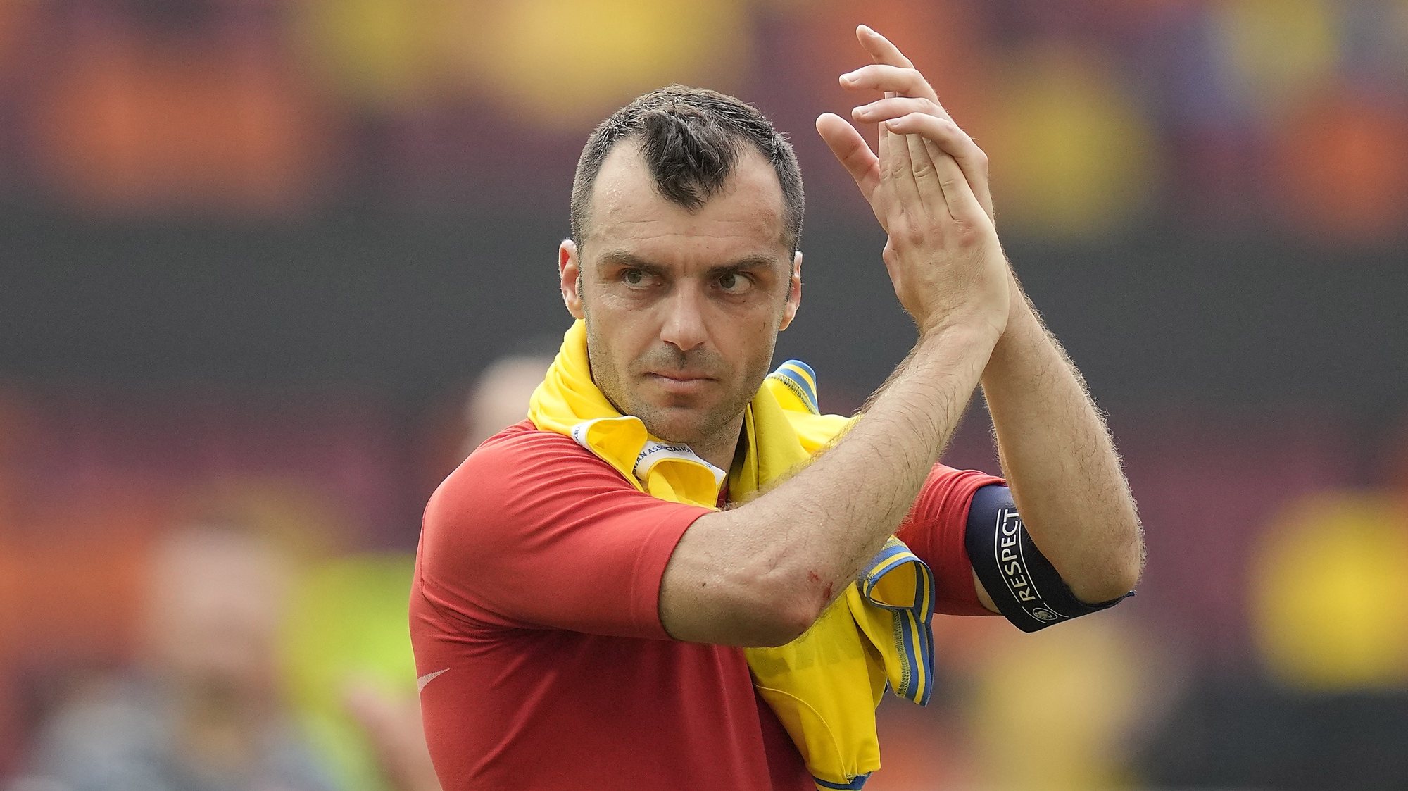 epa09279833 Goran Pandev of North Macedonia reacts after the UEFA EURO 2020 group C preliminary round soccer match between Ukraine and North Macedonia in Bucharest, Romania, 17 June 2021.  EPA/Vadim Ghirda / POOL (RESTRICTIONS: For editorial news reporting purposes only. Images must appear as still images and must not emulate match action video footage. Photographs published in online publications shall have an interval of at least 20 seconds between the posting.)