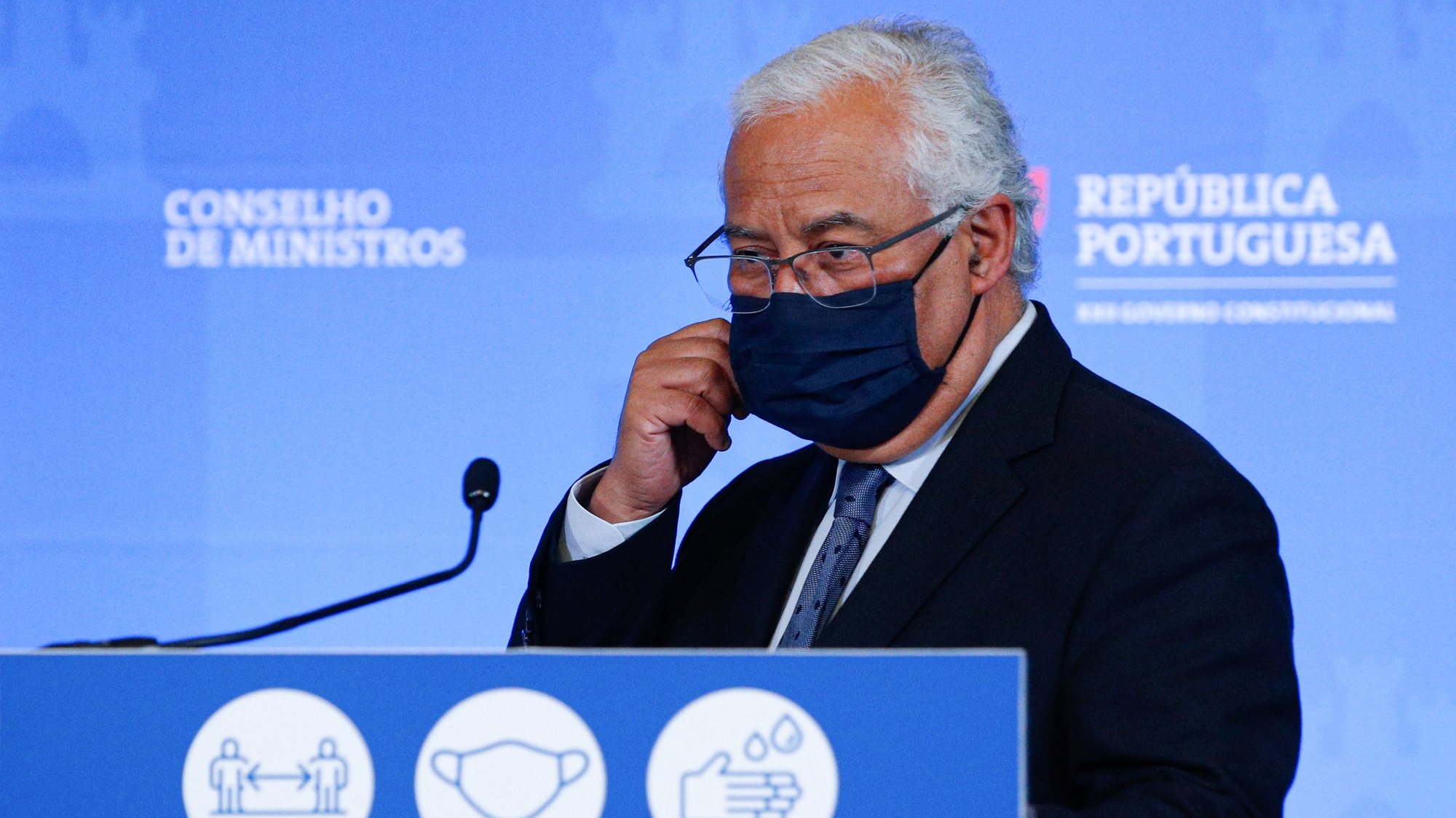 Portuguese Prime Minister, António Costa, during the briefing of the Council of Ministers Meeting, at Palácio da Ajuda, Lisbon, Portugal, March 11, 2021. António Costa announced the reopening plan measures in the context of the fight to control the covid-19 pandemic. ANTONIO COTRIM/LUSA