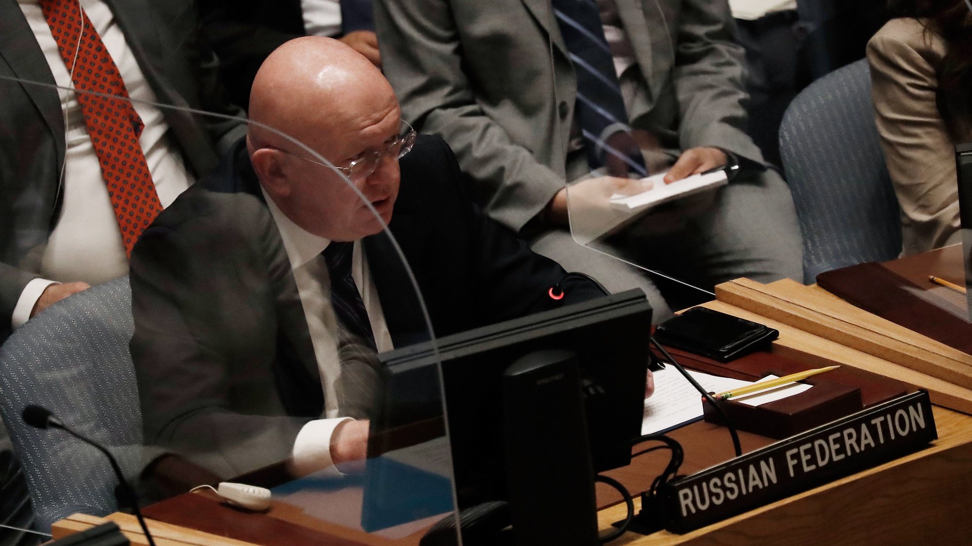 epa10136452 Russia&#039;s UN ambassador Vasily Nebenzya speaks at a United Nations Security Council meeting on the situation in Ukraine, at the United Nations headquarters in New York, New York, USA, 24 August 2022.  EPA/PETER FOLEY