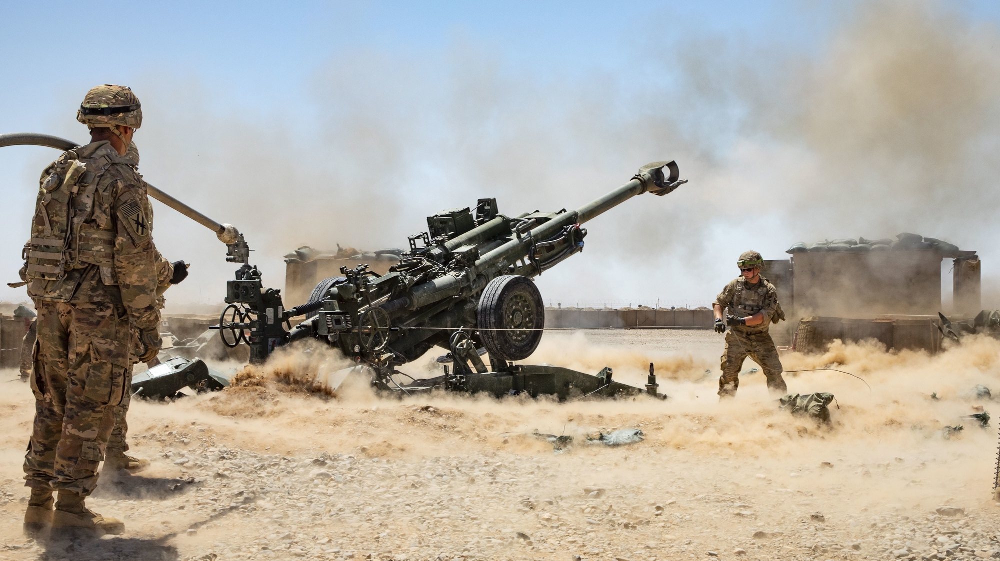 epa07832227 A handout photo made available by the US Army shows Soldiers from the 1-118th Field Artillery Regiment of the 48th Infantry Brigade Combat Team firing an M777 Howitzer during a fire mission in Helmand Province, southern Afghanistan, 10 June 2019 (issued 10 September 2019). Media reports quoting US officials state that the US military is likely to ramp up its operations in Afghanistan following Washington&#039;s suspension of peace talks with the Taliban on 09 September 2019, after the insurgent group kept carrying out high profile attacks in the country, including one that recently killed a US soldier. The Taliban on 10 September 2019, pledged to continue fighting against US forces in Afghanistan after President Trump declared peace talks with the group as &#039;dead&#039;, media added.  EPA/SGT. JORDAN TRENT/US ARMY HANDOUT  HANDOUT EDITORIAL USE ONLY/NO SALES