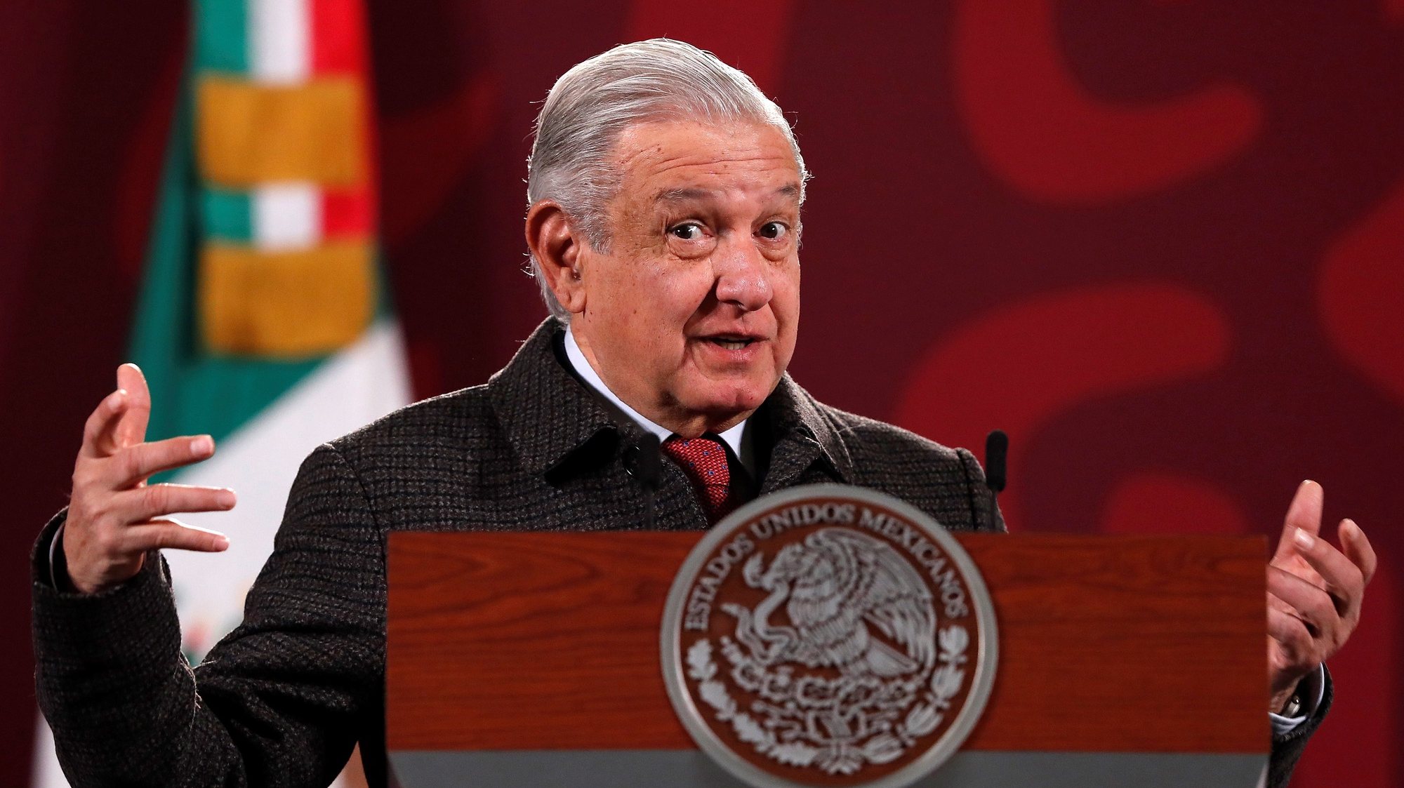 epa09721505 The President of Mexico, Andres Manuel Lopez Obrador, participates in a morning press conference at the National Palace in Mexico City, Mexico 01 February 2022. The Mexican president, Andres Manuel Lopez Obrador, defended the &#039;historic and free&#039; election of the new union leader of Petroleos Mexicanos (Pemex) despite the victory of Ricardo Aldana, linked to the old and obscure leader Carlos Romero Deschamps.  EPA/Mario Guzman