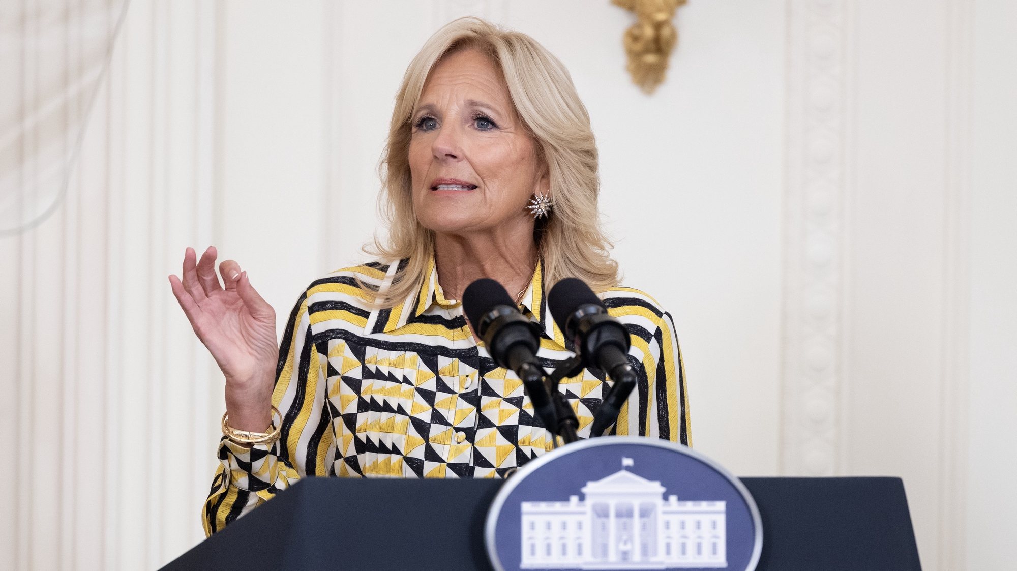 epa10790801 US First Lady Jill Biden delivers remarks during the &#039;Back to School Safely - Cybersecurity Summit for K-12 Schools&#039; in the East Room of the White House in Washington, DC, USA, 08 August 2023. The event brings together school administrators and educators on efforts to prevent cyberattacks from disrupting classrooms.  EPA/MICHAEL REYNOLDS