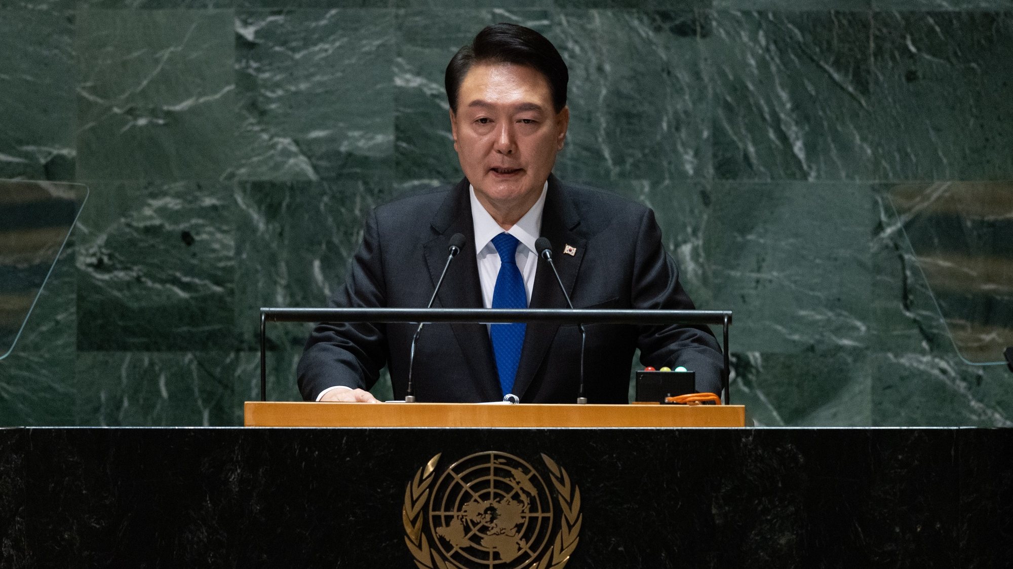 epa10872428 President of South Korea Yoon Suk Yeol speaks during the 78th session of the United Nations General Assembly at United Nations Headquarters in New York, New York, USA, 20 September 2023.  EPA/ADAM GRAY