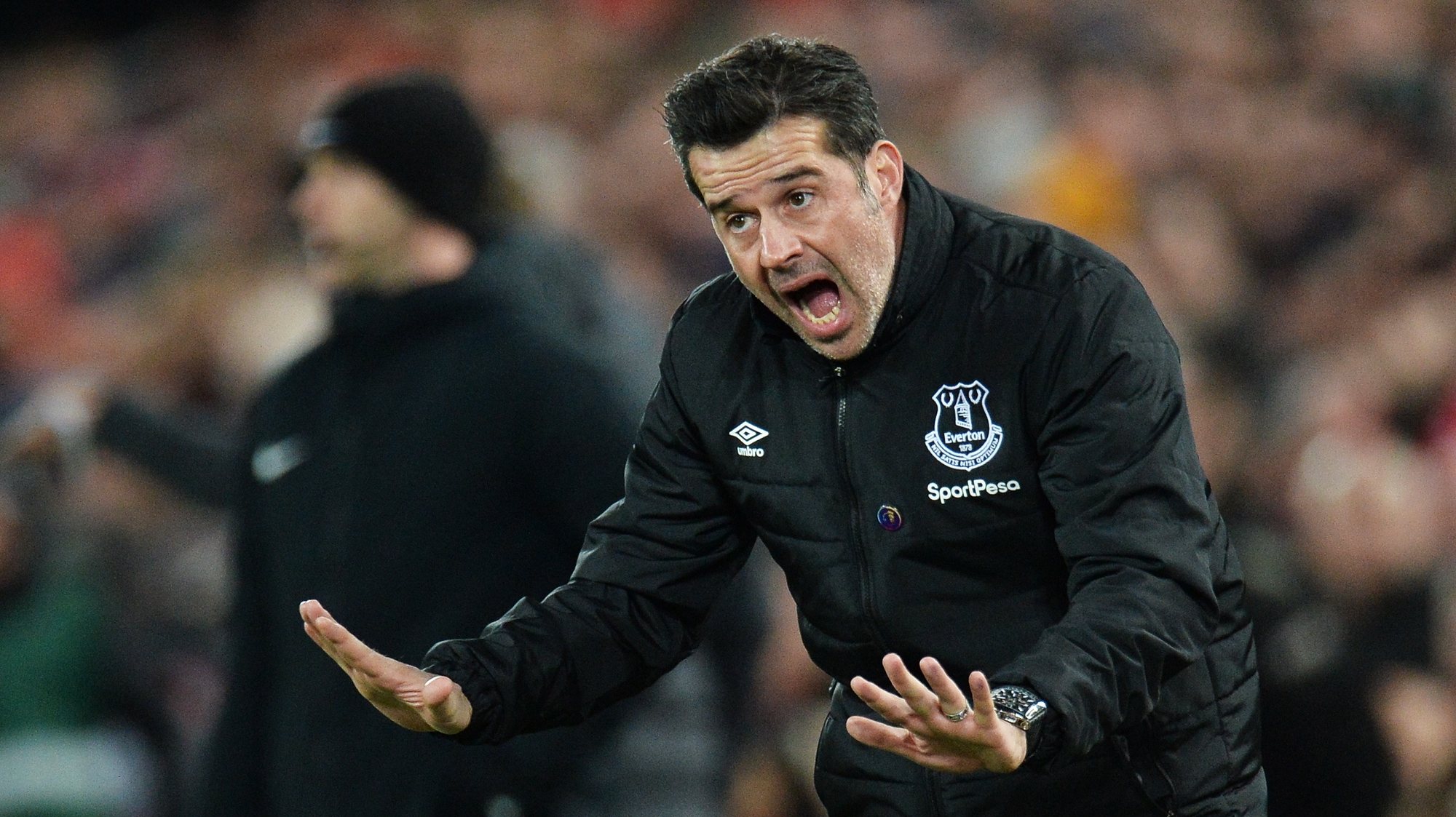 epa08044966 Everton manager Marco Silva gestures on the touchline during the English Premier League soccer match between Liverpool FC and Everton in Liverpool, Britain, 04 December 2019.  EPA/Peter Powell EDITORIAL USE ONLY. No use with unauthorized audio, video, data, fixture lists, club/league logos or &#039;live&#039; services. Online in-match use limited to 120 images, no video emulation. No use in betting, games or single club/league/player publications