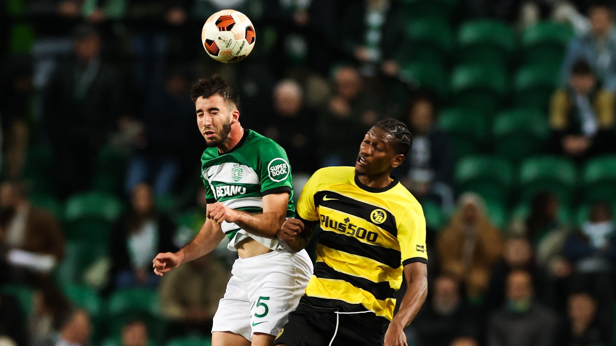 Sporting CP player Goncalo Inacio (L) in action against Young Boys player Joel Monteiro during their UEFA Europa League knockout round playoff second leg match, held at Alvalade Stadium, in Lisbon, Portugal, 22 February 2024. JOSE SENA GOULAO/LUSA