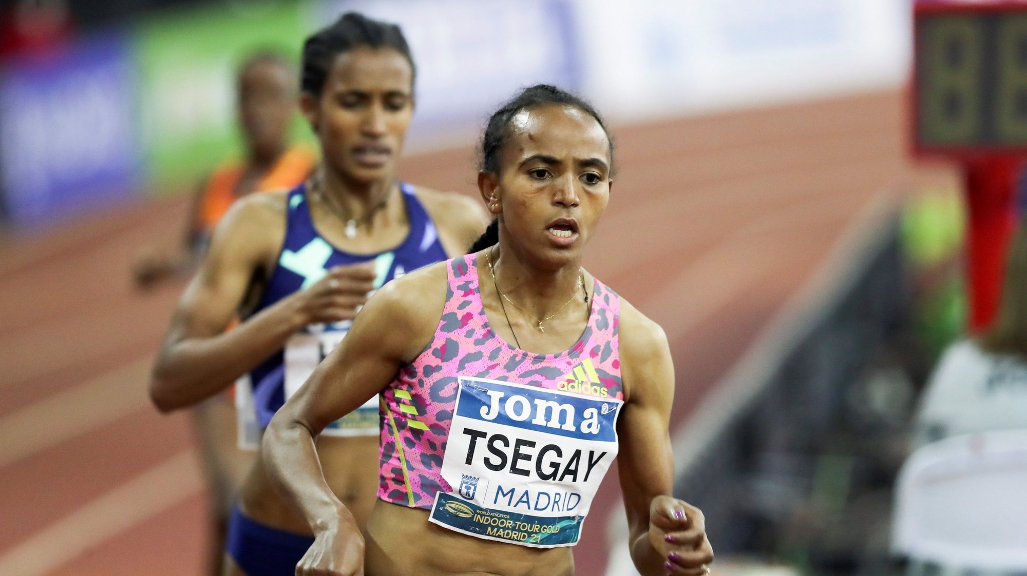 epa09034460 Gudaf Tsegay of Ethiopia on her way to win the gold in the 3000 meters final of the Villa de Madrid International Athletic Competition in Madrid, Spain, 24 February 2021, in the framework of the World Athletics Indoor Tour Gold.  EPA/Kiko Huesca