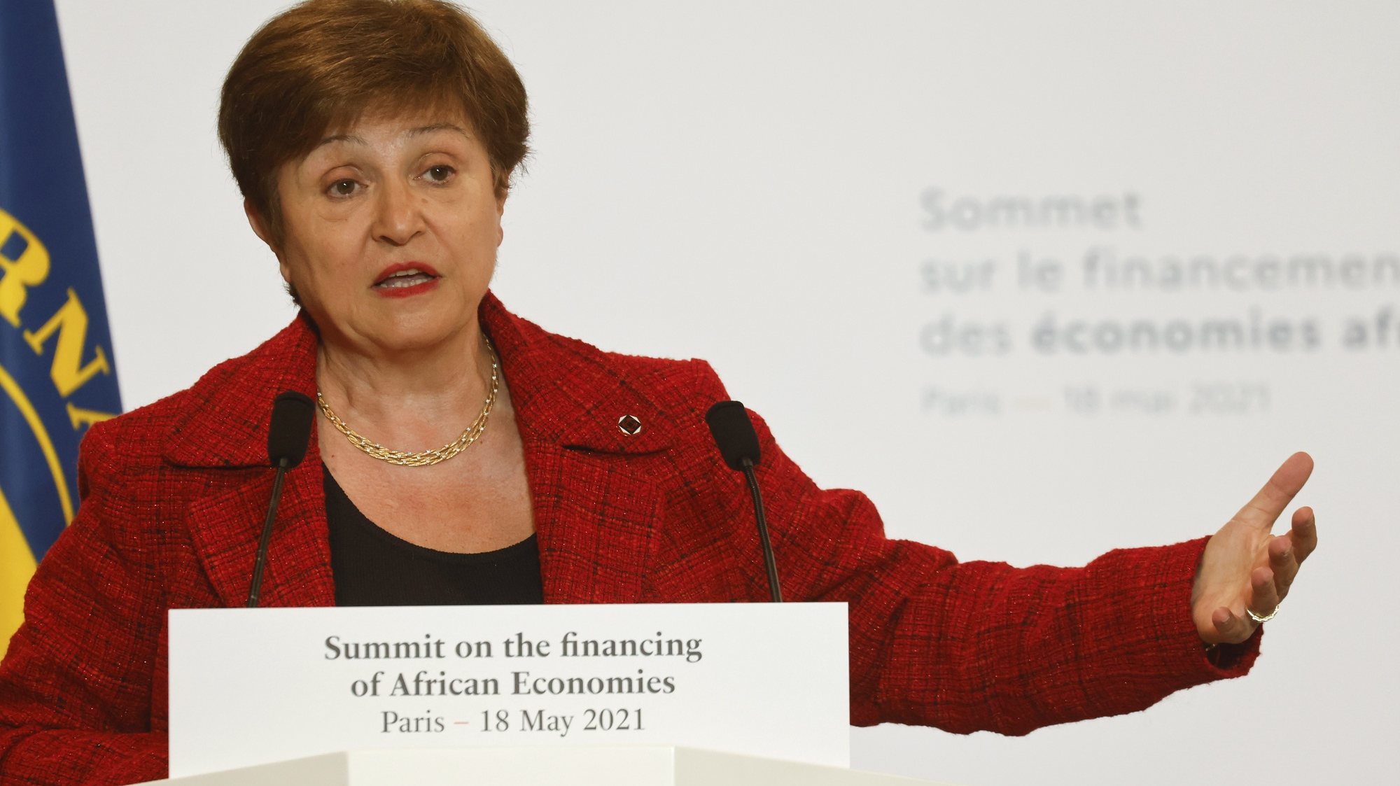 epa09210136 International Monetary Fund (IMF) Managing Director Kristalina Georgieva speaks during a joint press conference at the end of the Summit on the Financing of African Economies in Paris, France, 18 May 2021.  EPA/LUDOVIC MARIN / POOL  MAXPPP OUT