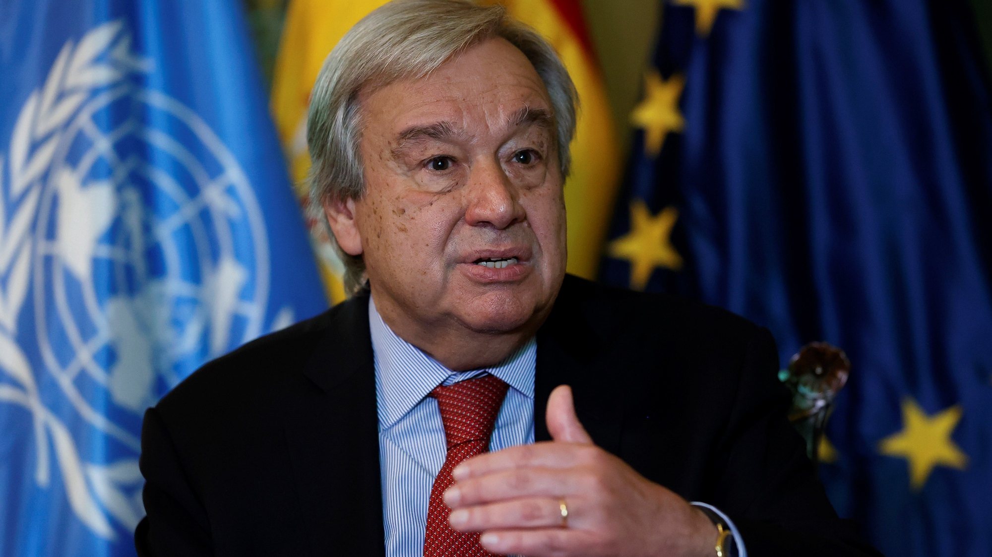 epa09319787 UN Secretary General Antonio Guterres during an interview with Agencia Efe in Madrid, Spain, 02 July 2021 (issued on 03 July 2021). Guterres considers that &#039;Time to take decisions to fight against climate change is running out&#039;.  EPA/Chema Moya