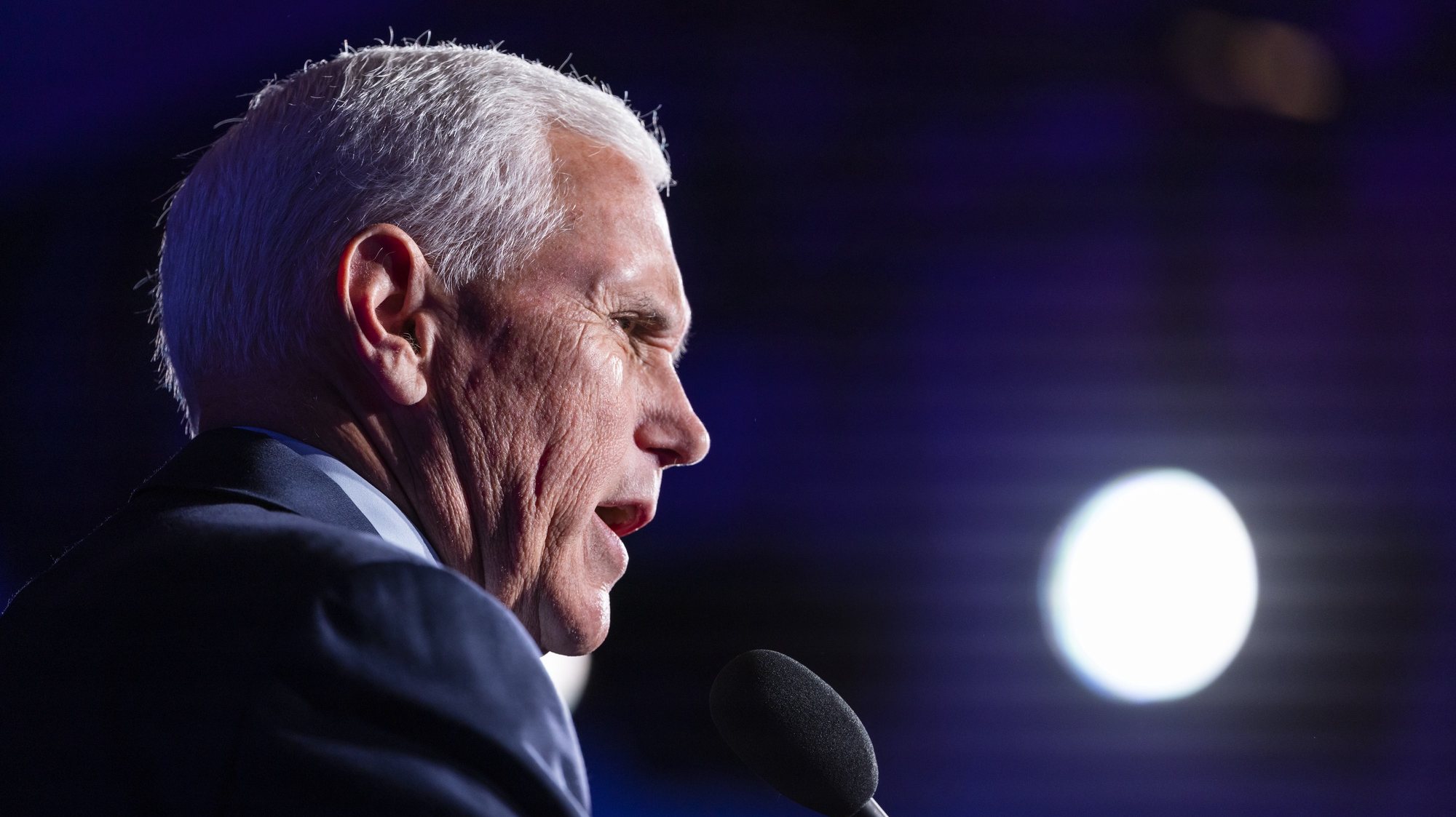 epa10092300 Former US Vice President Mike Pence addresses the National Conservative Student Conference in Washington, DC, USA, 26 July 2022. Pence is speaking in DC the same day as former US President Donald Trump, who will address the America First Agenda Summit.  EPA/JIM LO SCALZO