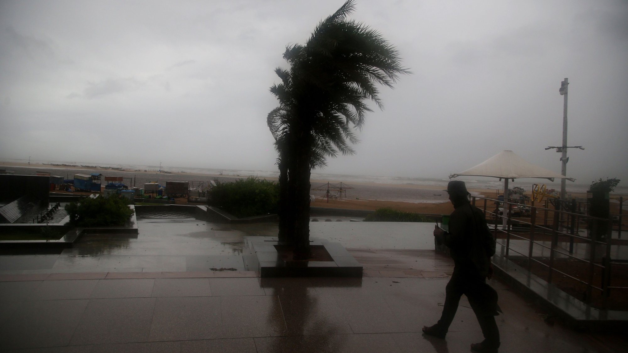 epa08841078 A general view showing heavy wind  in Chennai, India, 25 November 2020. Cyclone Nivar to make landfall in Tamil Nadu and in Puducherry on 25 November and 1,200 National Disaster Response Force (NDRF) personnel are on alert for any rescue work as India Meteorological Department also predicted heavy to very heavy rain in the affected area.  EPA/BABU