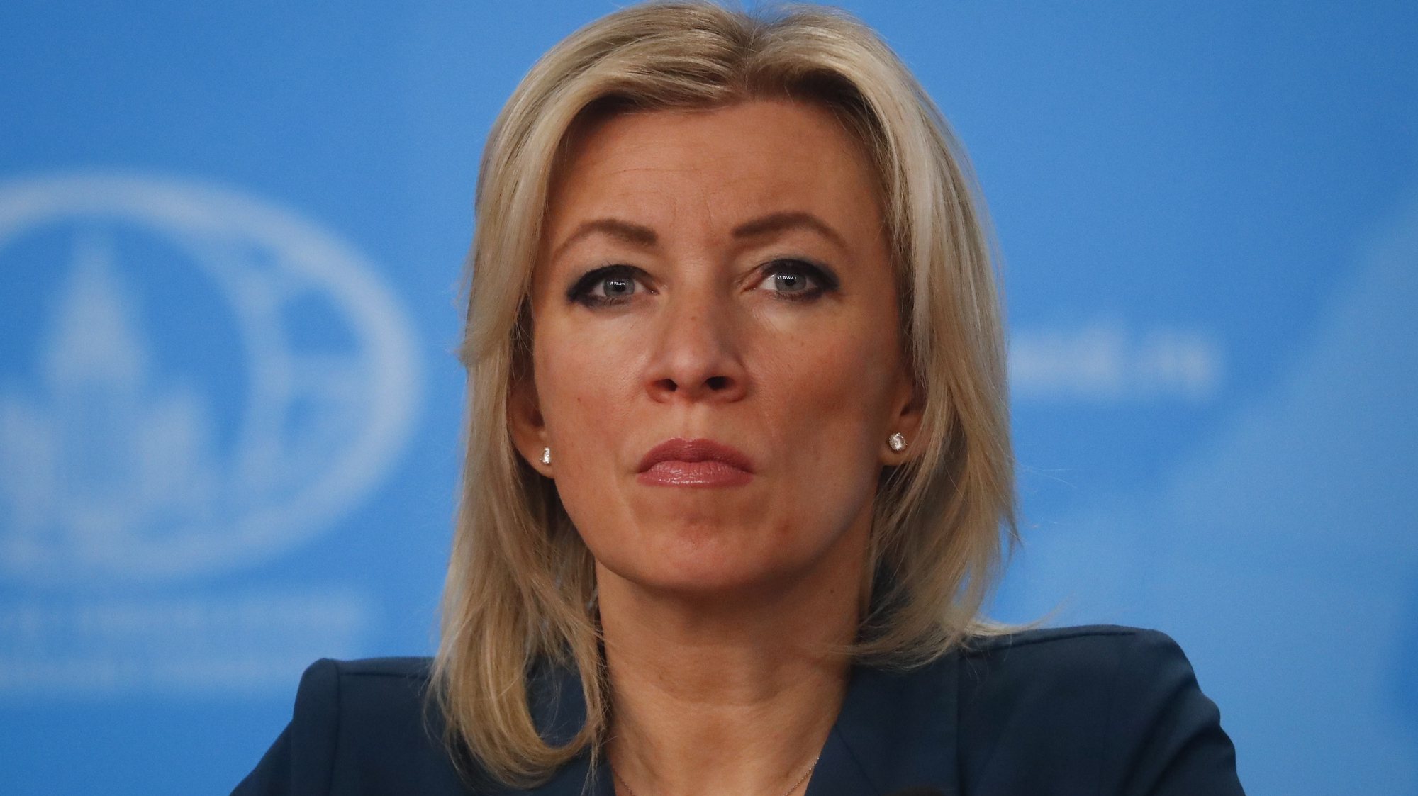 epa09684642 Russian Foreign Ministry spokeswoman Maria Zakharova during a annual news conference of Russian Foreign Minister Sergei Lavrov in Moscow, Russia, 14 January 2022. Sergei Lavrov gave a ​press conference on the results of Russian diplomacy in 2021.  EPA/MAXIM SHIPENKOV