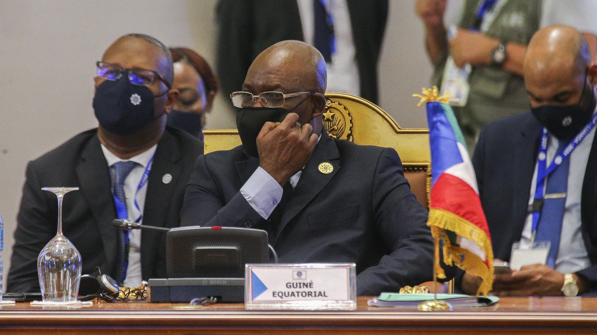 O ministro dos Assuntos Exteriores da Guiné-Equatorial, Simeón Oyono Esono Angue, durante a XIII Conferência de Chefes de Estado e de Governo da Comunidade dos Países de Língua Portuguesa (CPLP), em Luanda, Angola, 17 de julho de 2021. AMPE ROGÉRIO/LUSA