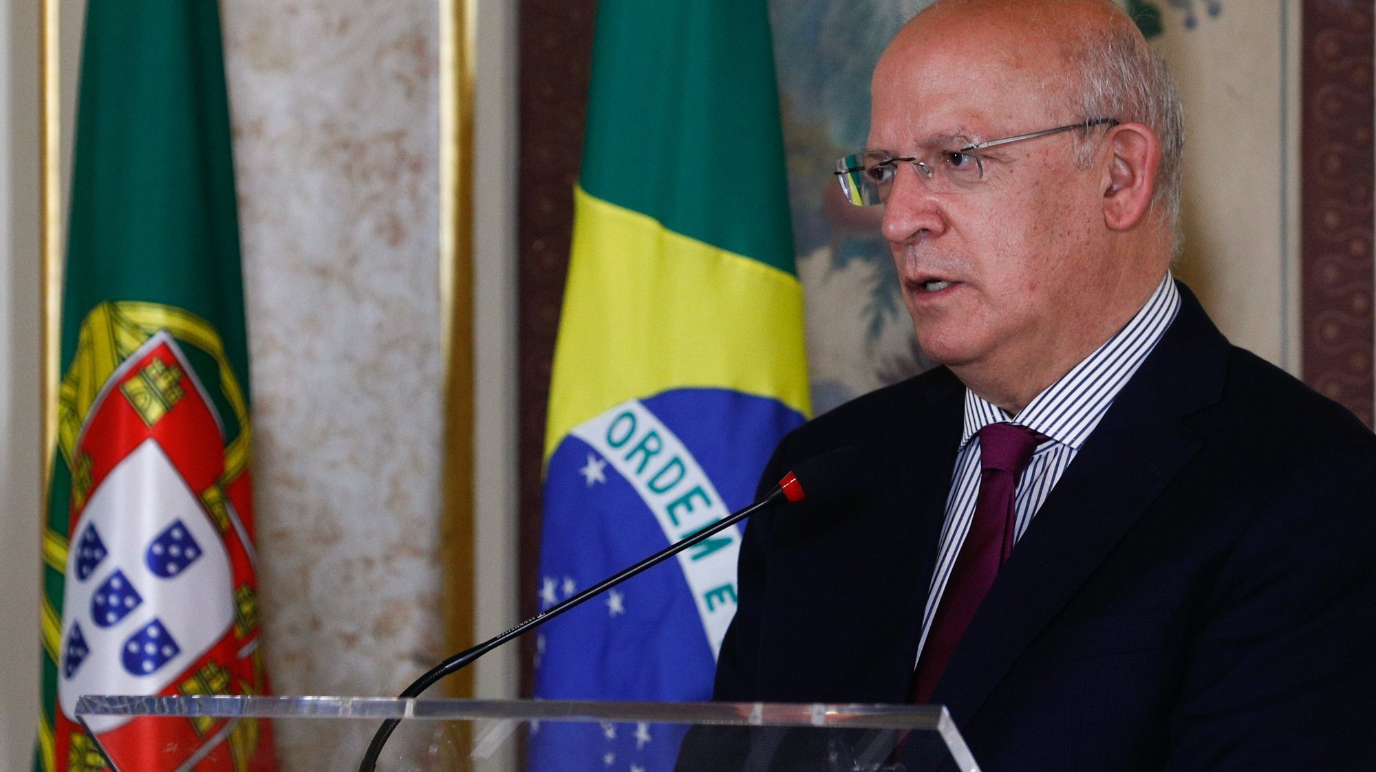Portuguese Minister of State for Foreigner Affairs Augusto Santos Silva attends a press conference after a meeting with Brazilian Minister of Foreigner Affairs Carlos Franco Franca (not seen) at the Necessidades Palace in Lisbon, Portugal, 02 July 2021.  ANTONIO COTRIM/LUSA