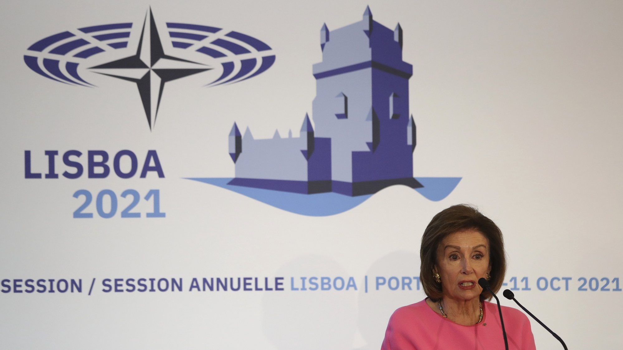 Nancy Pelosi, Speaker of United States House of Representatives, delivers a speech during the closing ceremony of the 67th Annual Session of the NATO Parliamentary Assembly (NPA) being held between 08 and 11st october in Lisbon, Portugal, 11 October 2021.  MANUEL DE ALMEIDA/LUSA