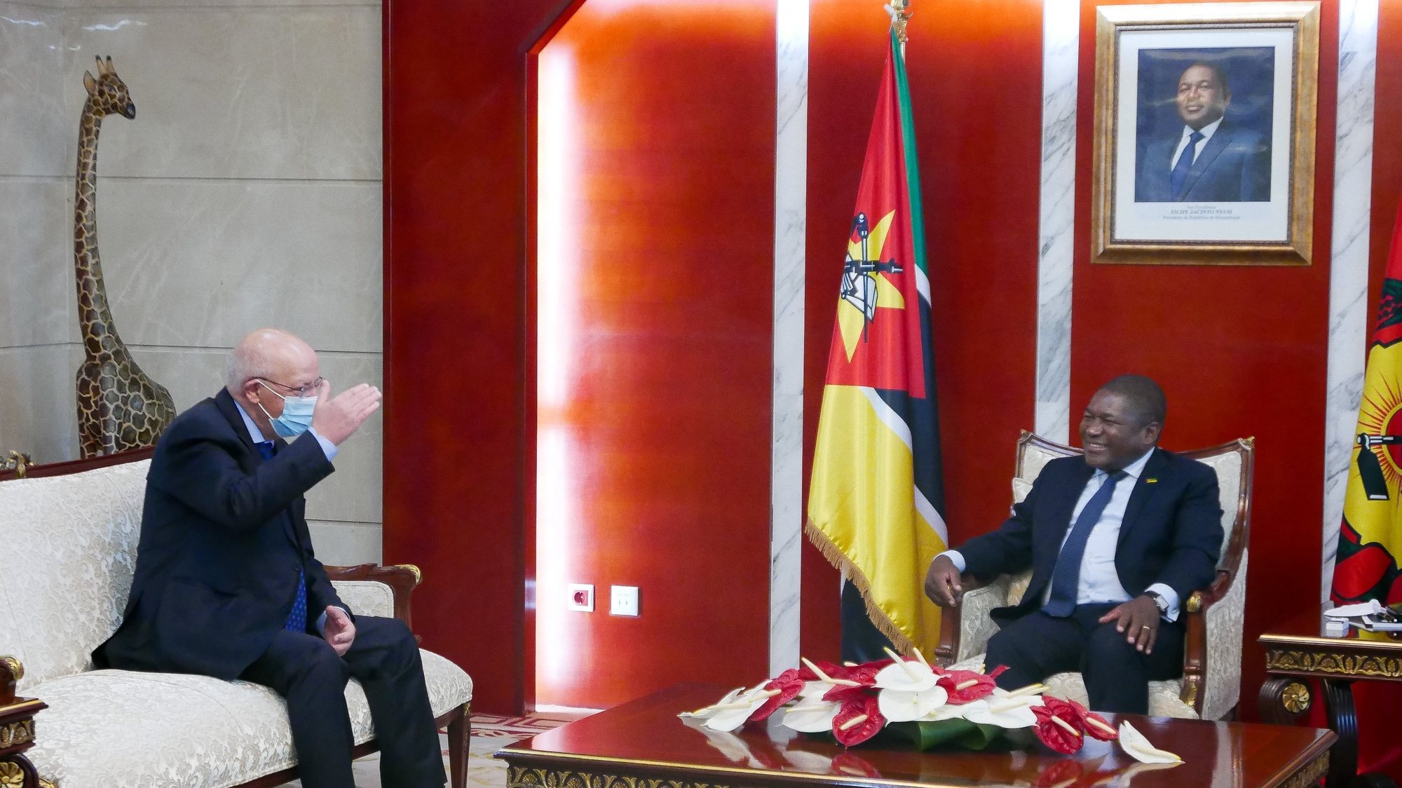 The Minister of State and Foreign Affairs and leader of a European Union mission Augusto Santos Silva (L) speaks with the President of the Republic of Mozambique Filipe Nyusi (R) during a meeting at the Presidential Palace in Maputo, Mozambique, 20 January 2021. LUIS MIGUEL FONSECA/LUSA