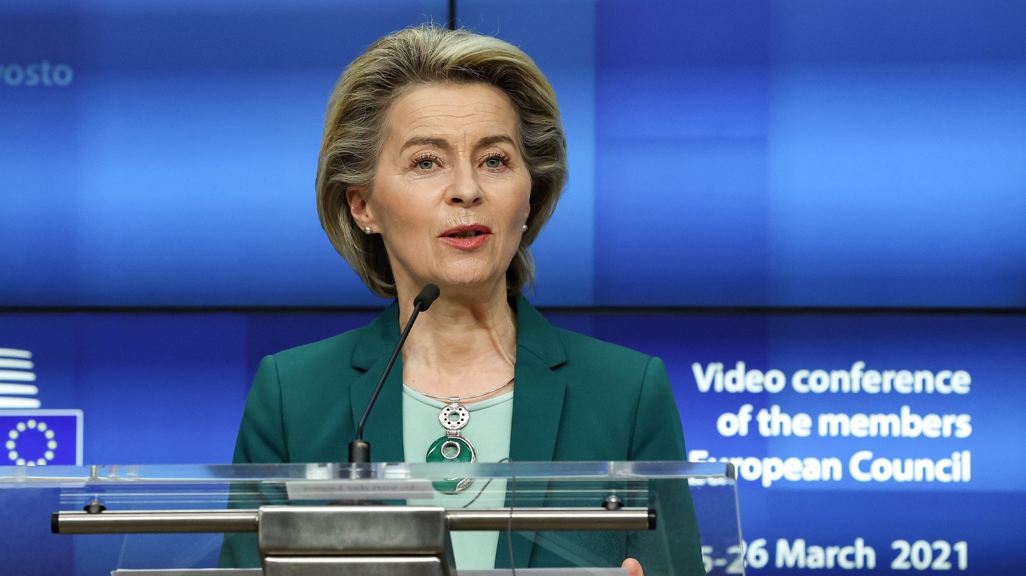 epa09097936 European Commission President Ursula von der Leyen speaks during a joint press conference with the European Council President Charles Michel (not pictured) at the end of the first day of a European Union (EU) summit over video conference at The European Council Building in Brussels, Belgium, 25 March 2021. A looming third wave of coronavirus and Europe&#039;s struggles to mount a vaccination drive is to dominate the EU video summit, despite a welcome guest appearance by the US President.  EPA/ARIS OIKONOMOU / POOL