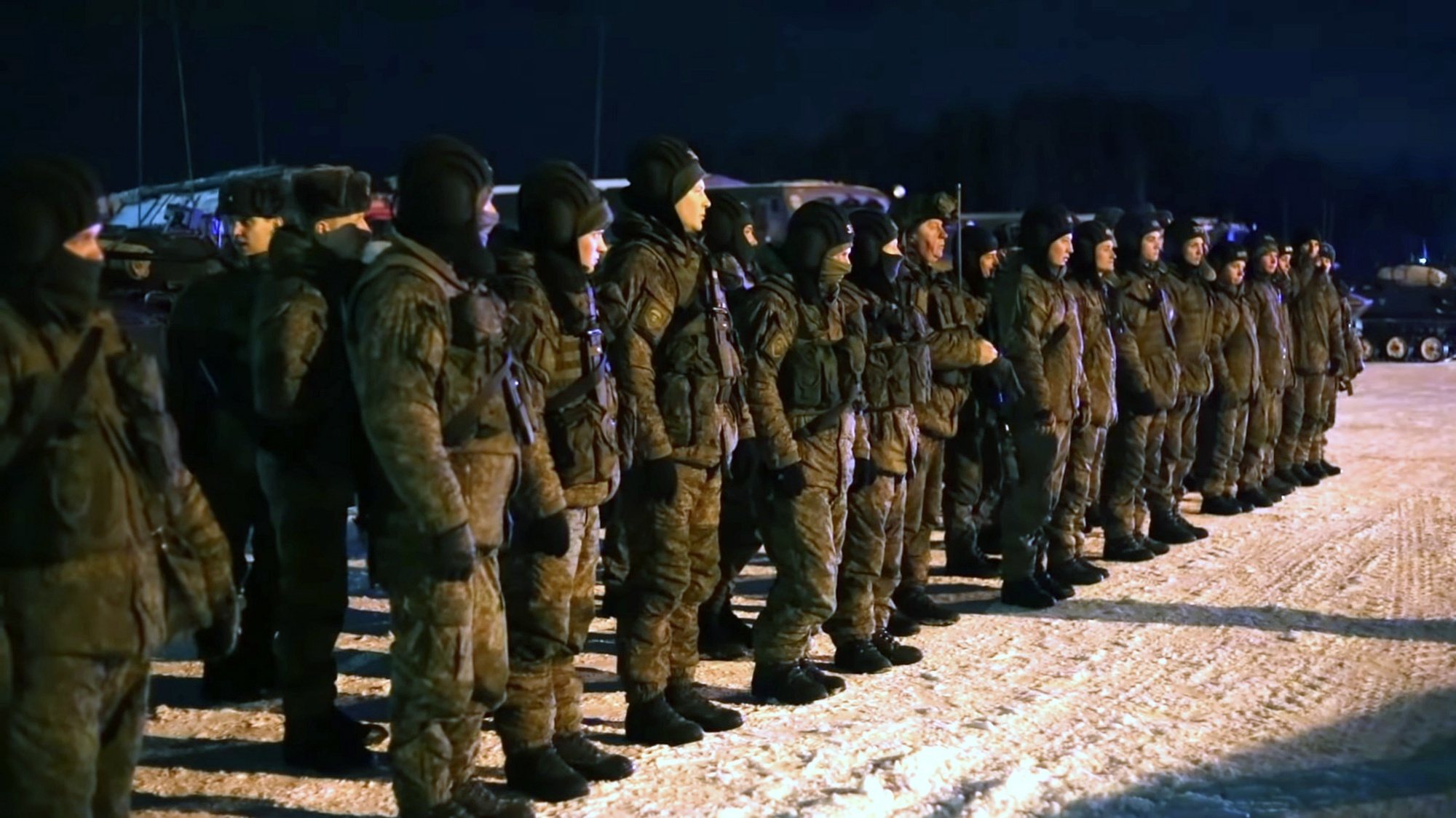 epa09672893 A handout still image taken from handout video made available by the Russian Defence Ministry press service shows Russian peacekeepers prior to boarding a military flight on their way to take part in a &#039;CSTO peacekeeping operation&#039; in Kazakhstan, at Ivanovo-North airport in the Ivanovo region, Russia, 08 January 2022. In accordance with the decision of the CSTO Collective Security Council adopted on 06 January 2022, the collective peacekeeping forces of the Collective Security Treaty Organization (CSTO)Â have been sent &#039;for a limited time to stabilize and normalize the situation to Kazakhstan&#039; at the request of the Kazakh president. They include units of the Armed Forces of Russia, Belarus, Armenia, Tajikistan and Kyrgyzstan. The Russian Ministry of Defence announced on 08 January that the tranfer of the Russian contingent of the CSTO peacekeeping forces to Kazakhstan&#039;sÂ &#039;Almaty&#039; and &#039;Zhitygen&#039; airfields continued by military transport aircraft from Russia&#039;s airfields in the Moscow, Ivanovo, and Ulyanovsk regions.  EPA/RUSSIAN DEFENCE MINISTRY PRESS S --  BEST QUALITY AVAILABLE -- HANDOUT EDITORIAL USE ONLY/NO SALES