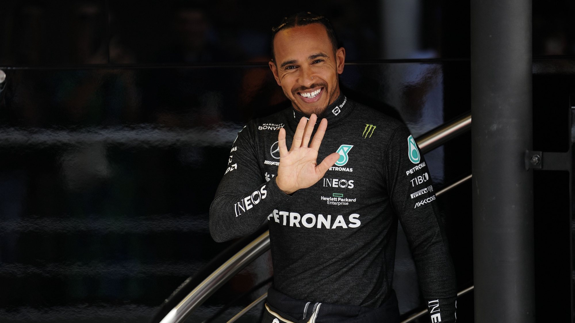 epa09960647 British Formula One driver Lewis Hamilton of Mercedes reacts ahead the first practice session for the Formula One Grand Prix of Spain held at Circuit Barcelona-Catalunya in Montmelo, Barcelona, Spain, 20 May 2022.  EPA/Enric Fontcuberta
