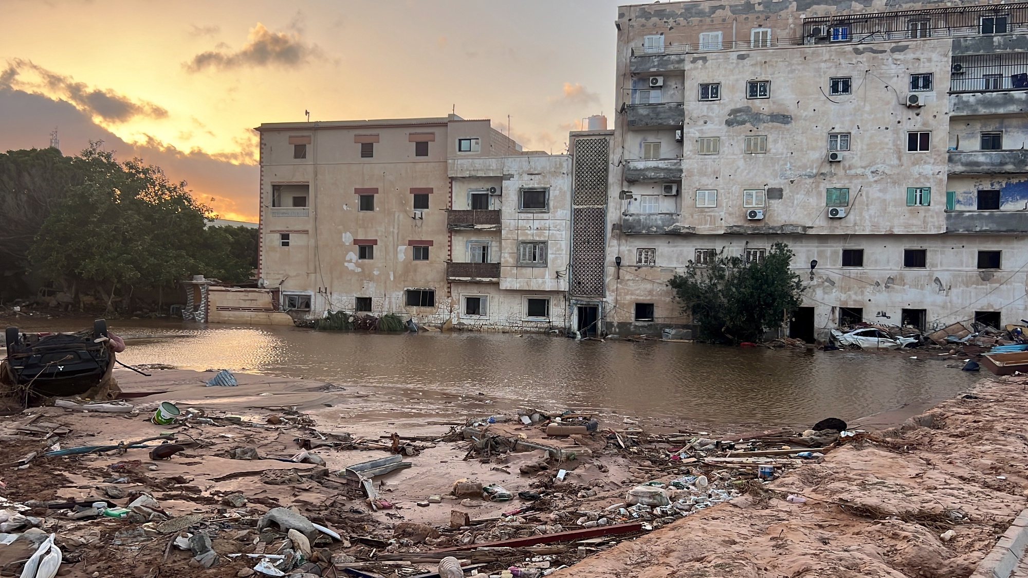 epa10865383 A view of a damaged neighborhood after Storm Daniel swept across eastern Libya, in the port city of Derna, eastern Libya, 16 September 2023. Unprecedented floods struck Libya after Mediterranean Storm Daniel made landfall on 10 September. Intense rainfall from the storm in the country&#039;s eastern region caused the collapse of two dams south of the city of Derna, sweeping away entire neighborhoods. The death toll has surpassed 11,000 and over 34,000 people have been displaced across the country. The flooding exacerbated Libya&#039;s needs, where 800,000 people are reported in need of humanitarian assistance, the International Rescue Committee (IRC) said.  EPA/STRINGER