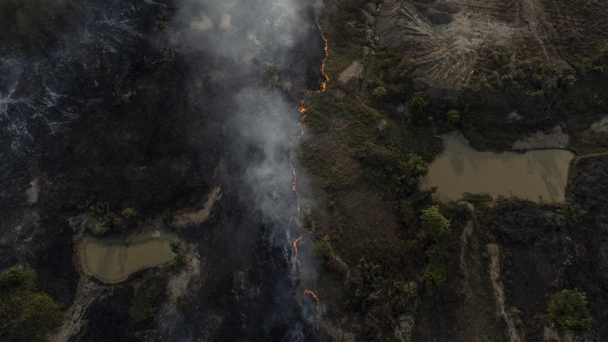 epaselect epa10842928 Aerial photograph showing the curtain of fire in a green area, between Manaus and Iranduba, in the Amazon, Brazil, on 05 September 2023. The deforested area of the Brazilian Amazon fell 66% in August compared to the same month last year and reached the lowest figure since 2018, according to official data released on 05 September.  EPA/Raphael Alves