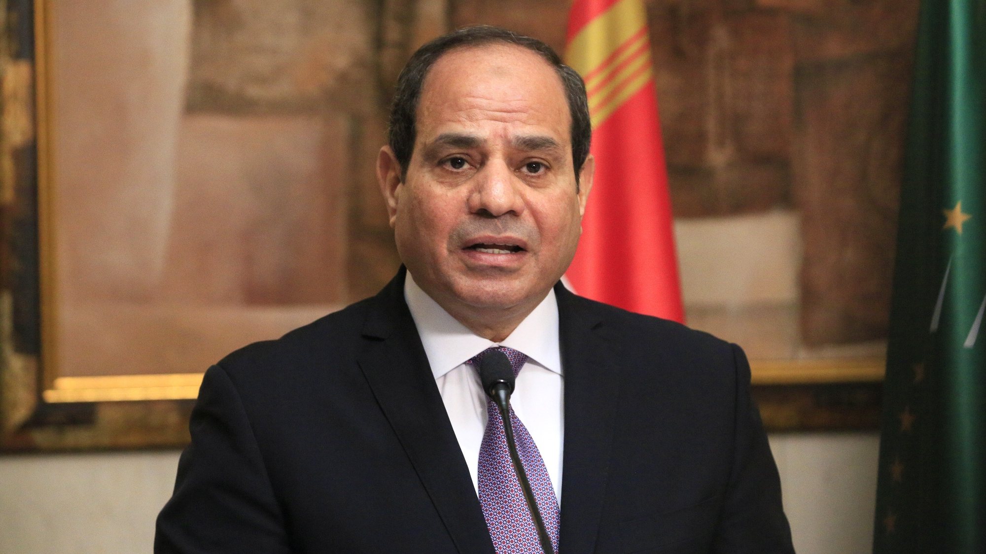 epa07498774 Egypt&#039;s President Abdel Fattah al-Sissi speaks at the presidential palace in Abidjan during a welcoming ceremony in Abijan, Ivory Coast, 11 April 2019. The President of the Arab Republic of Egypt Abdel Fattah Al-Sissi arrived Wednesday evening in Abidjan where he makes a visit of friendship and work of 48 hours. This visit of the Egyptian president in Ivory Coast is part of the part of a West African tour he began Sunday in Guinea. After the Ivorian stage, Abdel Fattah Al-Sissi is expected in Senegal.  EPA/LEGNAN KOULA