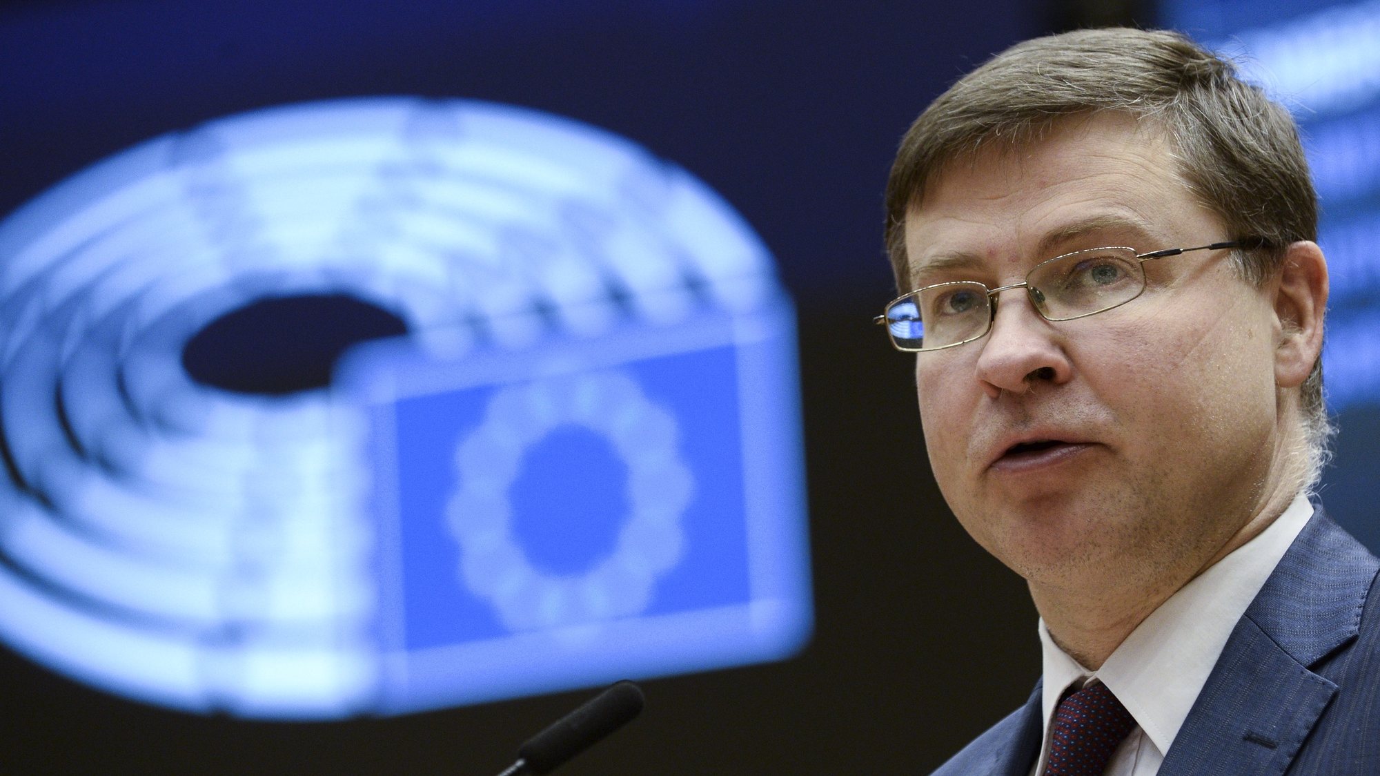 epa09064909 European Commission Vice-President Valdis Dombrovskis speaks during a plenary session at the European Parliament in Brussels, Belgium, 10 March 2021.  EPA/JOHANNA GERON / POOL