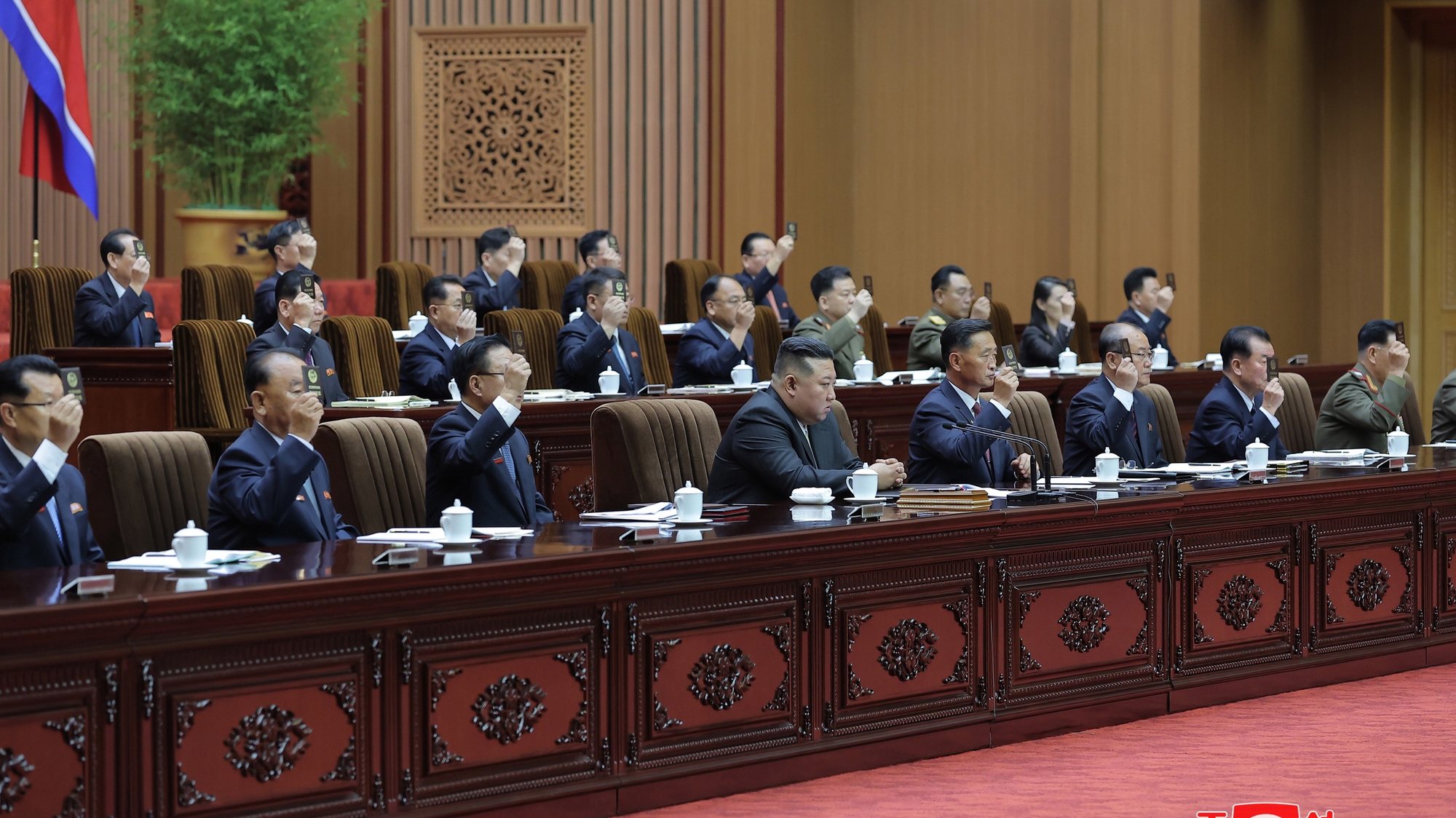 epa10887070 A photo released by the official North Korean Central News Agency (KCNA) on 28 September 2023 shows North Korean leader Kim Jong Un (C, front row) attending the 9th Session of the 14th Supreme People&#039;s Assembly (SPA) at the Mansudae Assembly Hall in Pyongyang, North Korea, during the two-day event on 26-27 September 2023. North Korea&#039;s legislature has enshrined its status as a nuclear power in its constitution with the unanimous adoption of a &#039;crucial agenda item for formulating the DPRK&#039;s policy on nuclear force as the basic law of the state&#039;, according to KCNA.  EPA/KCNA   EDITORIAL USE ONLY