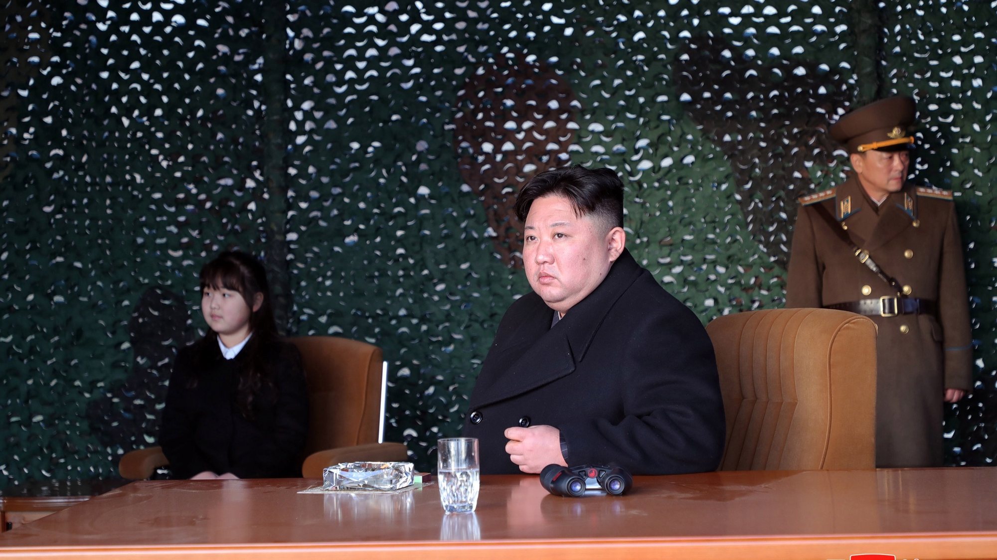 epa10512829 A photo released by the official North Korean Central News Agency (KCNA) shows Supreme Leader Kim Jong Un (C) and his daughter Kim Ju-ae (L) at an artillery drill in an undisclosed location in North Korea, 09 March 2023 (issued 10 March 2023). According to KCNA, Supreme Leader Kim Jong Un &#039;gave field guidance&#039; at the &#039;fire assault drill&#039; by the Hwasong artillery unit of the Korean People&#039;s Army.  EPA/KCNA   EDITORIAL USE ONLY