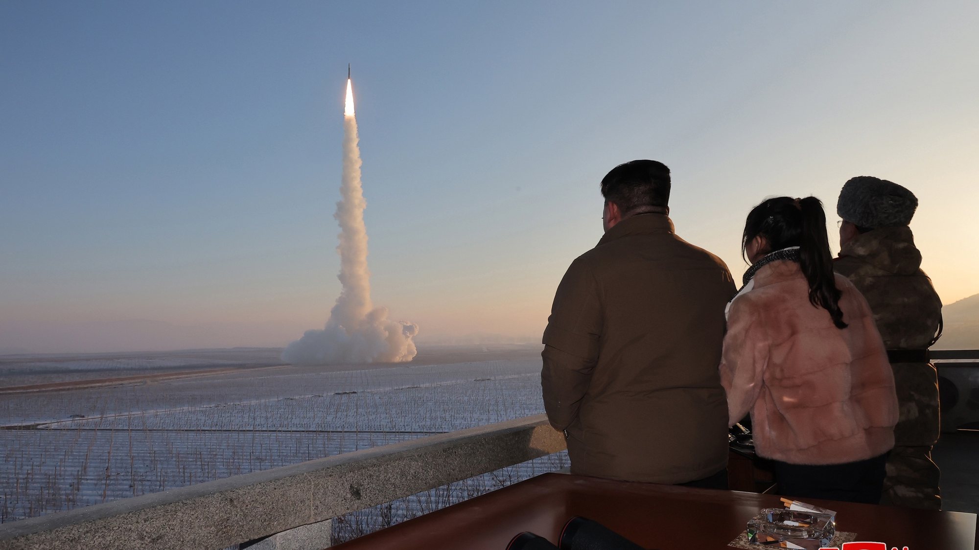 epa11036728 A photo released by the official North Korean Central News Agency (KCNA) shows North Korean Supreme Leader Kim Jong Un (3-R) and his daughter Ju-ae (2-R) inspecting the launch of a Hwasong-18 solid-fuel intercontinental ballistic missile (ICBM) at an undisclosed location in North Korea, 18 December 2023 (issued 19 December 2023). According to KCNA, the ICBM flew 1,002.3 kilometers for 4,415 seconds at a maximum altitude of 6,518.2 km before &#039;accurately&#039; hitting the East Sea.  EPA/KCNA   EDITORIAL USE ONLY  EDITORIAL USE ONLY