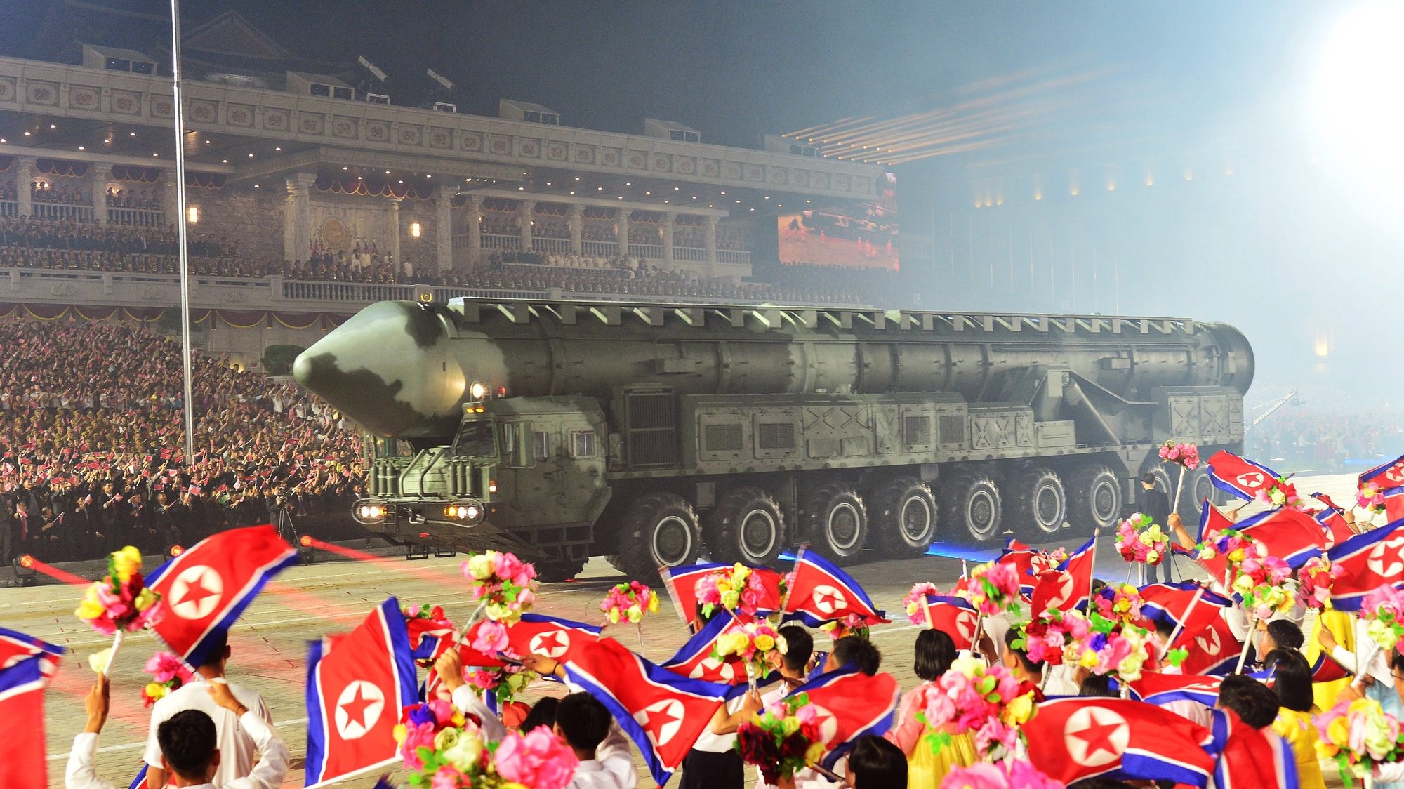 epa10772681 A photo released by the official North Korean Central News Agency (KCNA) shows a mobile Intercontinental Balistic Missile launcher on display during a military parade held to mark the 70th anniversary of the signing of the armistice that halted the 1950-53 Korean War, at Kim Il-sung Square in Pyongyang, North Korea, 27 July 2023 (issued 28 July 2023).  EPA/KCNA   EDITORIAL USE ONLY