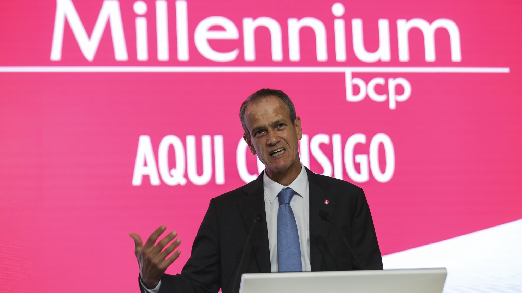 O presidente do Millennium bcp, Miguel Maya, na apresentação dos resultados do 1.º semestre de 2020 do banco esta tarde em Oeiras, 28 de julho de 2020. MIGUEL A. LOPES/LUSA