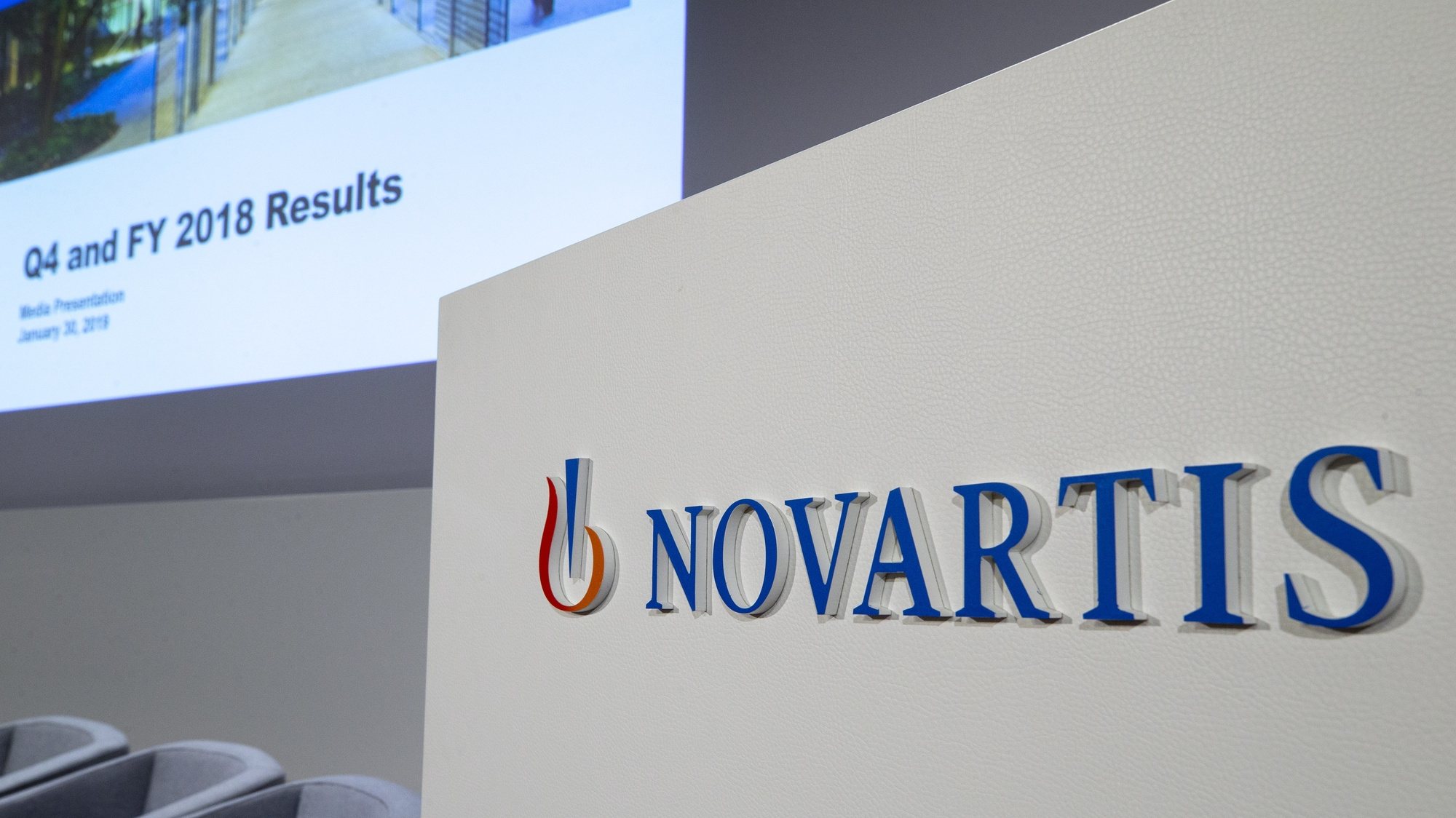 epa08324992 (FILE) - The Logo of Swiss pharmaceutical group Novartis, captured prior the annual results media conference at the Novartis Campus in Basel, Switzerland, 30 January 2019 (reissued 26 March 2020). On 26 March 2020, Basel-based pharmaceutical giant Novartis announced to have joined forces with the Bill &amp; Melinda Gates Foundation to fight the coronavirus pandemic.  EPA/PATRICK STRAUB