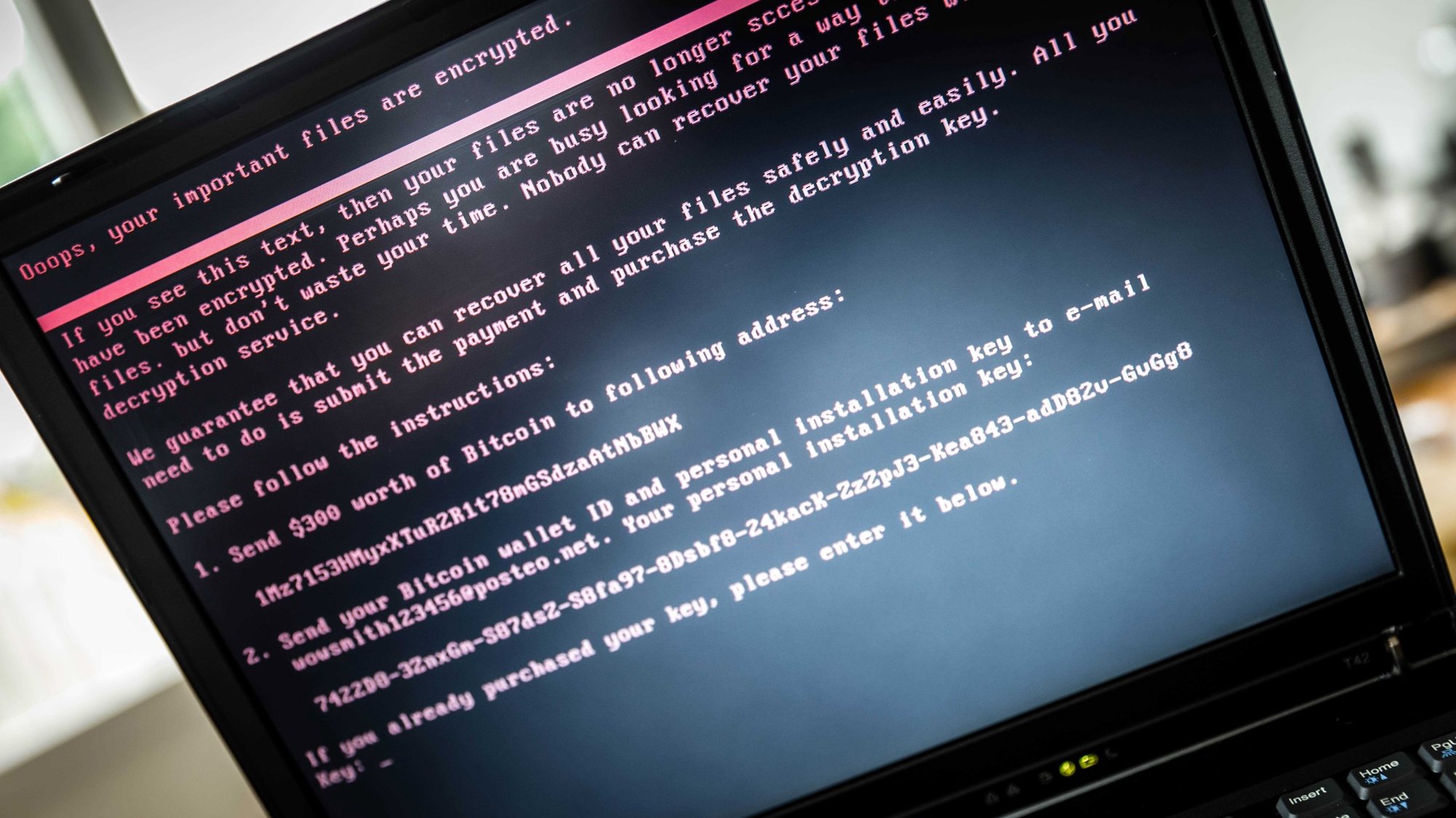 epaselect epa06053537 A laptop screen displays a message after it was infected with ransomware during a worldwide cyberattack, in Geldrop, Netherlands, 27 June 2017 (issued 28 June 2017). Kaspersky Lab reported that the malware, despite resembling &#039;Petya&#039; malware that affected computers last year, is believed to be a new type of ransomware, which the cybersecurity company called &#039;ExPetr&#039;. The ransomware has reportedly affected mostly Ukraine and Russia and several cases were also found in Poland, Italy, Britain, Germany, France, the US and several other countries, with around 2,000 cases reported so far. The ransomware has reportedly affected US pharmaceutical giant Merck, Russia&#039;s oil producer Rosneft, Ukrainian central bank, Spanish food company Mondelez, who owns Cadbury chocolate factory and French shipping company TNT, among other global companies.  EPA/ROB ENGELAAR