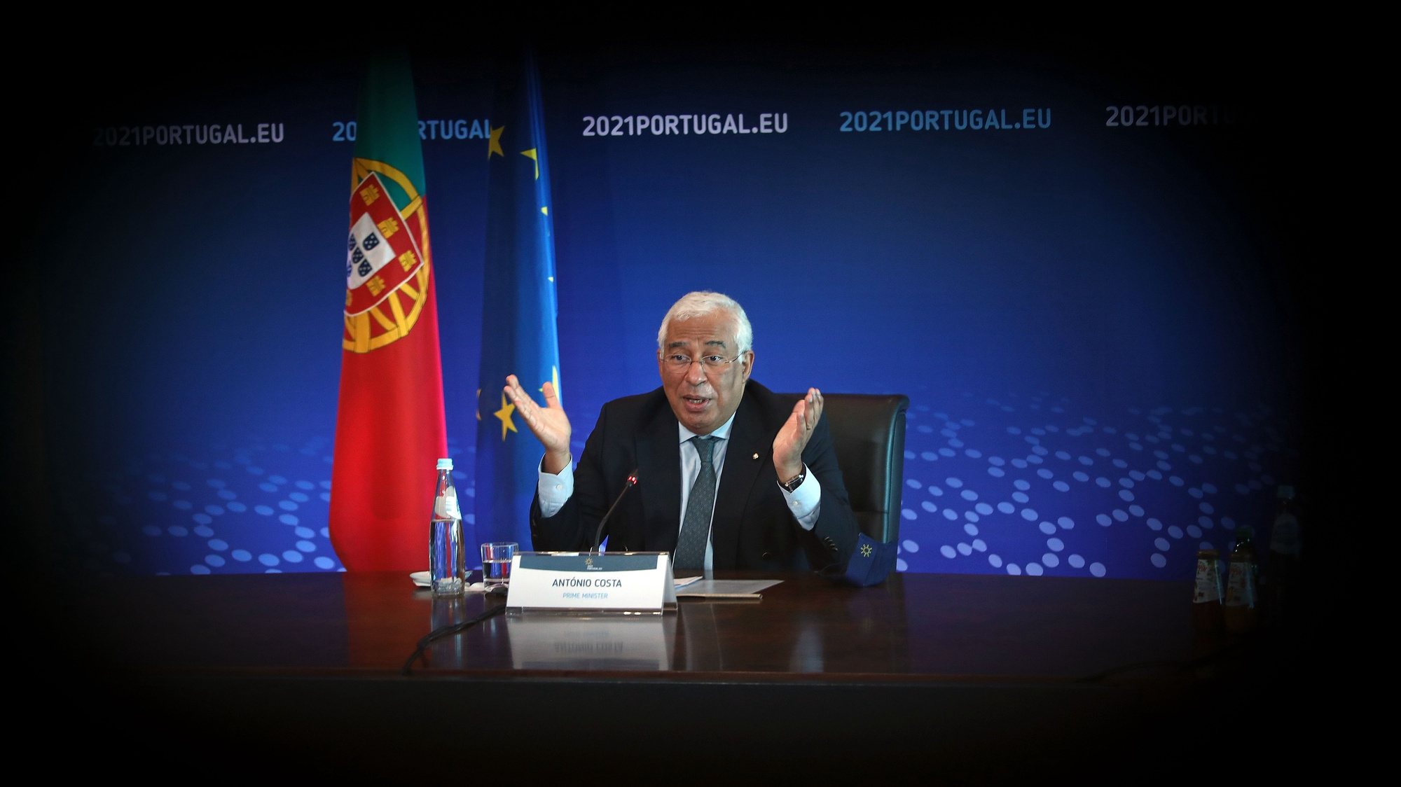 Portuguese Prime Minister António Costa during a virtual visit of journalists included in the official program of the Portuguese Presidency of the Council of the European Union in Lisbon, Portugal, 07 January 2021. During the first half of this year, Portugal will have its fourth presidency after 1992, 2000 and 2007. ANTÓNIO PEDRO SANTOS/LUSA