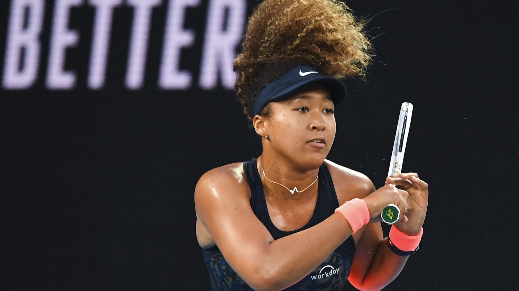 epa09000780 Naomi Osaka of Japan in action during her second Round Women&#039;s singles match against Caroline Garcia of France on Day 3 of the Australian Open at Melbourne Park in Melbourne, Australia, 10 February 2021.  EPA/JAMES ROSS AUSTRALIA AND NEW ZEALAND OUT