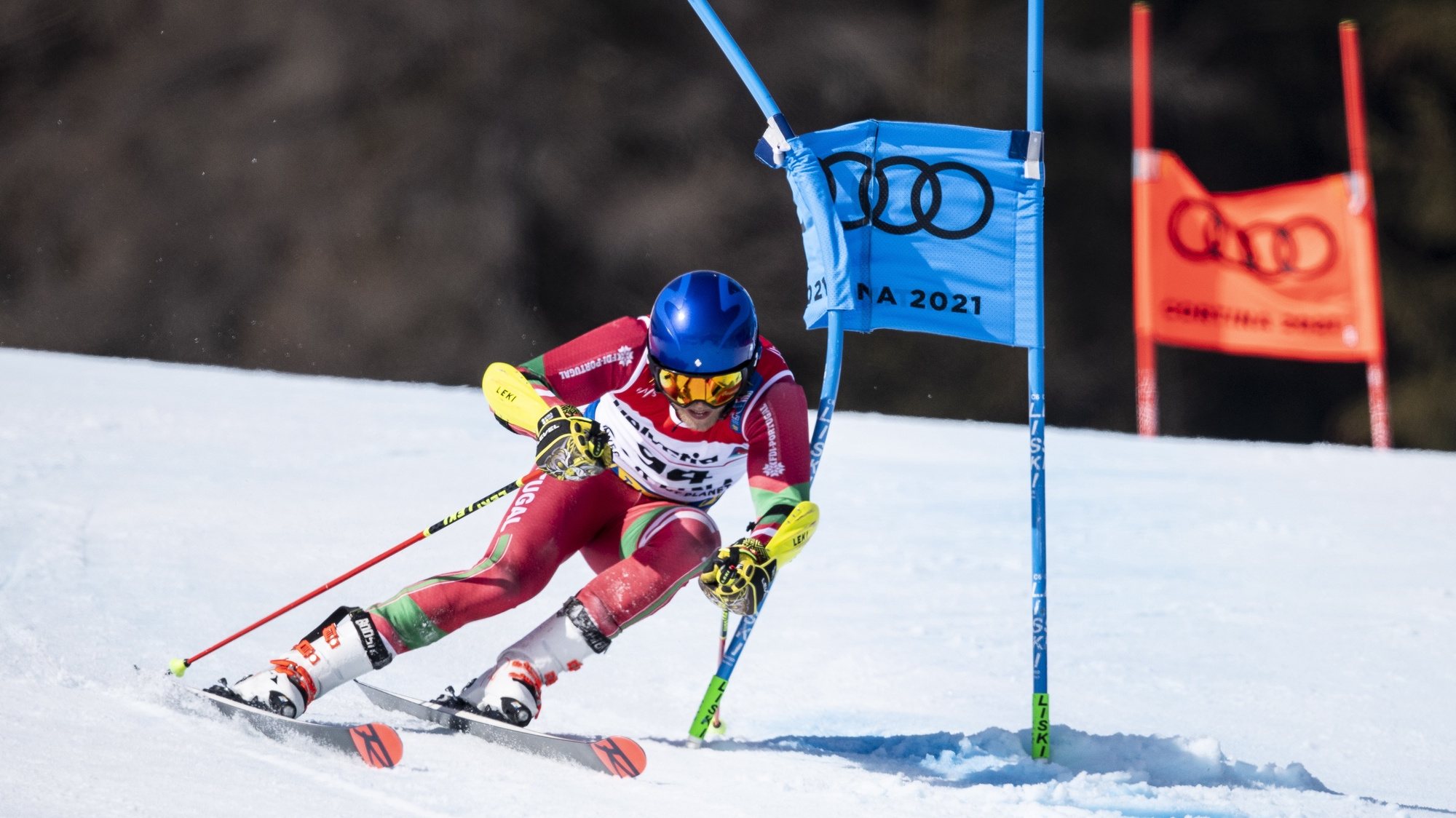 epa09023489 Ricardo Brancal of Portugal in action during the first run of the Men&#039;s Giant Slalom race at the FIS Alpine Skiing World Championships in Cortina d&#039;Ampezzo, Italy, 19 February 2021.  EPA/CHRISTIAN BRUNA