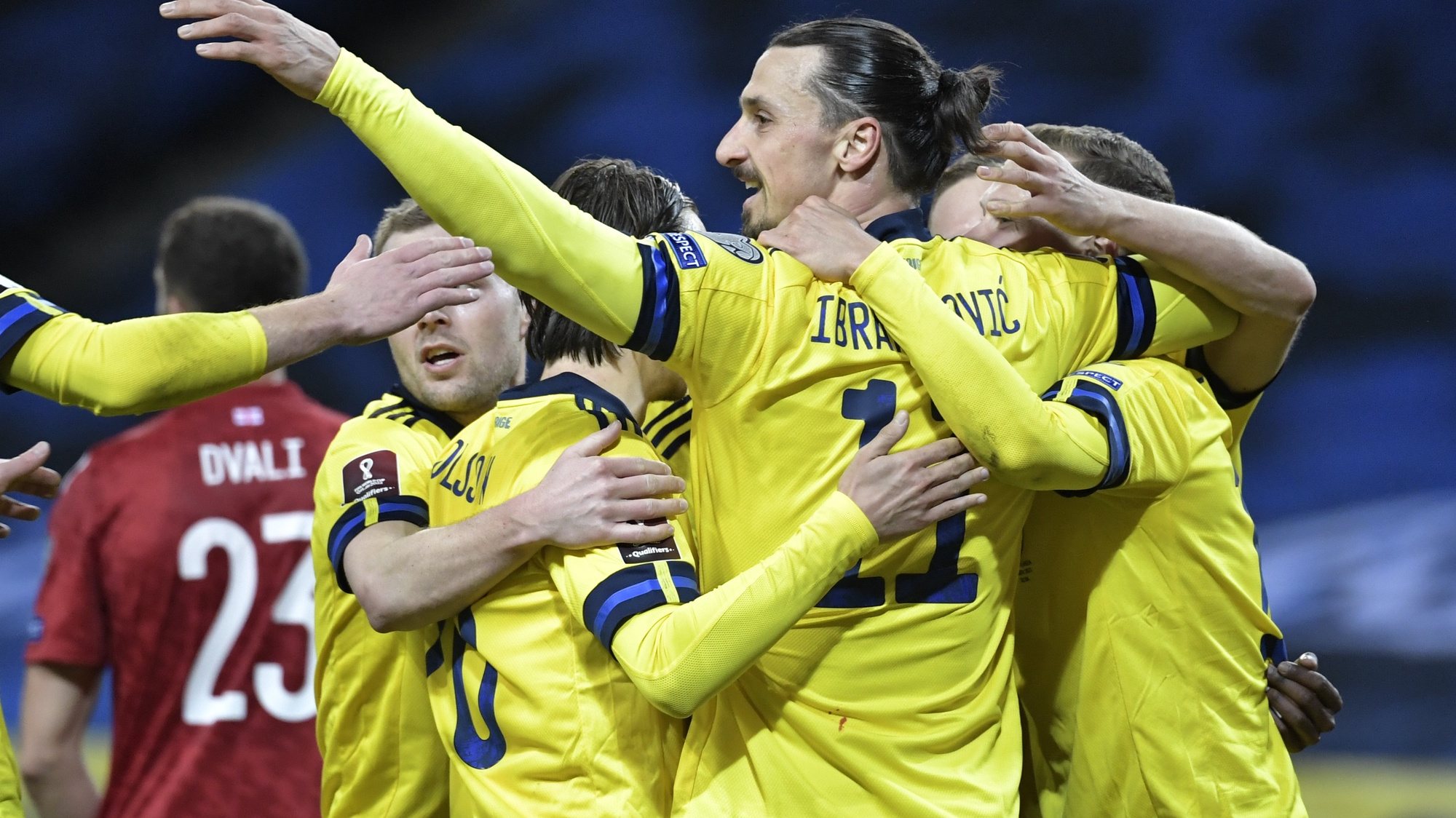 epa09097670 Sweden&#039;s Zlatan Ibrahimovic (C) celebrate his teams first goal during the FIFA World Cup 2022 qualifier soccer match between Sweden and Georgia at Friends Arena in Stockholm, Sweden, 25 March 2021.  EPA/Janerik Henriksson  SWEDEN OUT