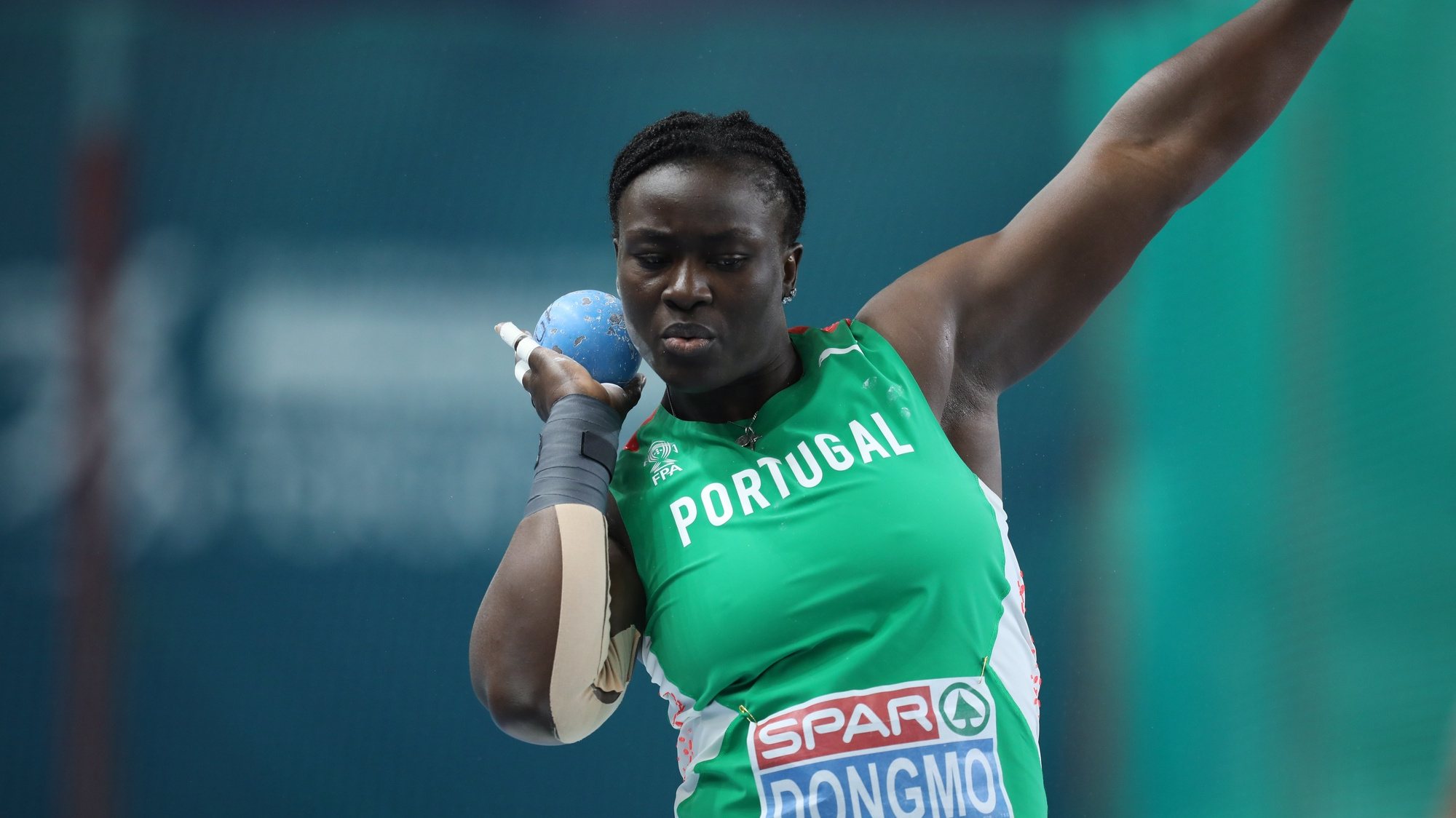 epa09054668 Auriol Dongmo of Portugal competes in the women&#039;s Shot Put final at the 36th European Athletics Indoor Championships at the Arena Torun, in Torun, north-central Poland, 05 March 2021.  EPA/Leszek Szymanski POLAND OUT
