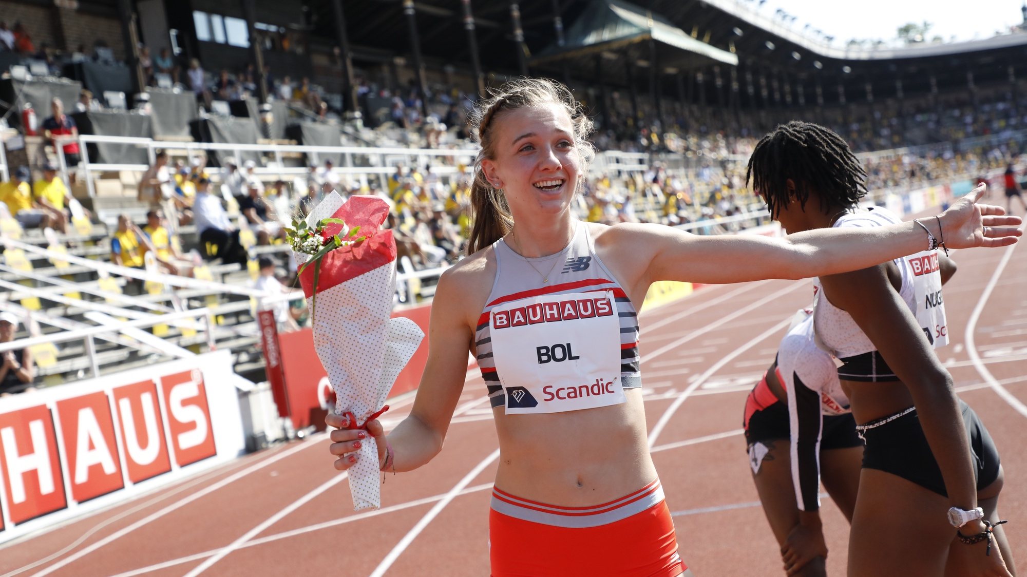 epa09322256 Femke Bol of the Netherlands wins the 400m hurdles and sets a new stadium record during the Wanda Diamond League Track and Field Championships in Stockholm, Sweden, 04 July 2021.  EPA/Christine Olsson/TT SWEDEN OUT