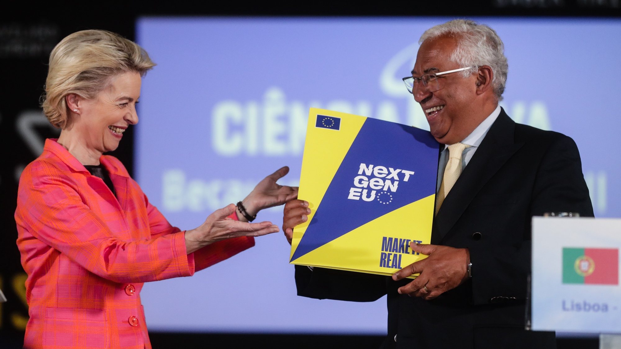 The President of the European Commission, Ursula von der Leyen (L) gives the &#039;Next Generation EU recovery program of the European Union&#039; to Portuguese Prime Minister Antonio Costa (R), after their meeting on the Pavilion of Knowledge in Lisbon, Portugal, 16 June 2021
