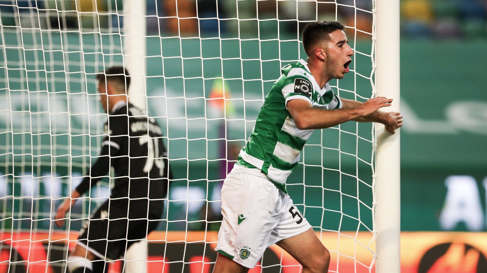 Sporting player Goncalo Inacio celebrates after scoring a goal against Vitoria de Guimaraes during their First League Soccer match held at Alvalade Stadium, in Lisbon, Portugal, 20 March 2021. JOSE SENA GOULAO/LUSA