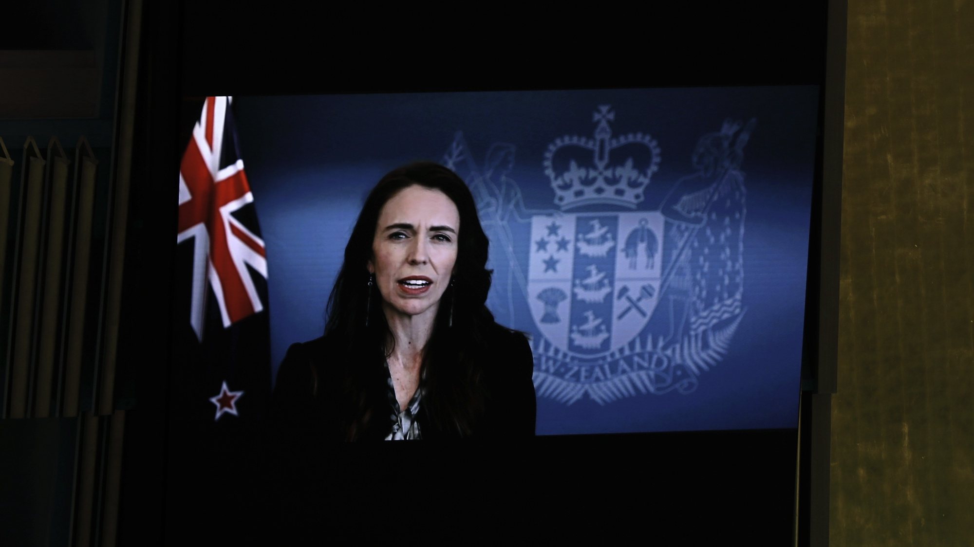 epa09486458 Prime Minister of New Zealand, Jacinda Ardern addresses, via prerecorded video, the General Debate of the 76th Session of the United Nations General Assembly at UN Headquarters in New York, New York, USA, 24 September 2021.  EPA/PETER FOLEY